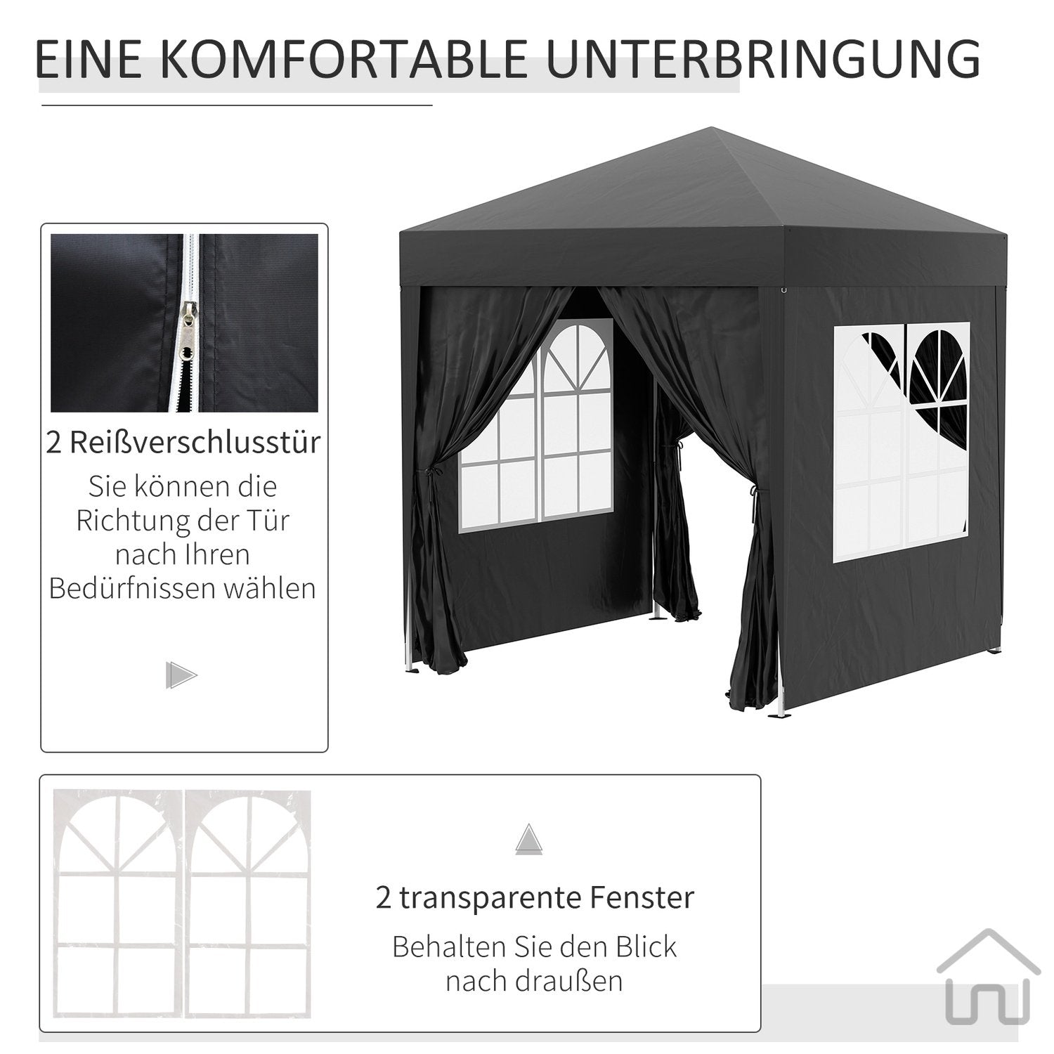 Foldepavillon 2 X 2M Pavillon Med 4 Sidevægge, Vindue, Markeringstelt Med UV-beskyttelse, Havetelt Med Bæretaske, Stål Oxford, Sort