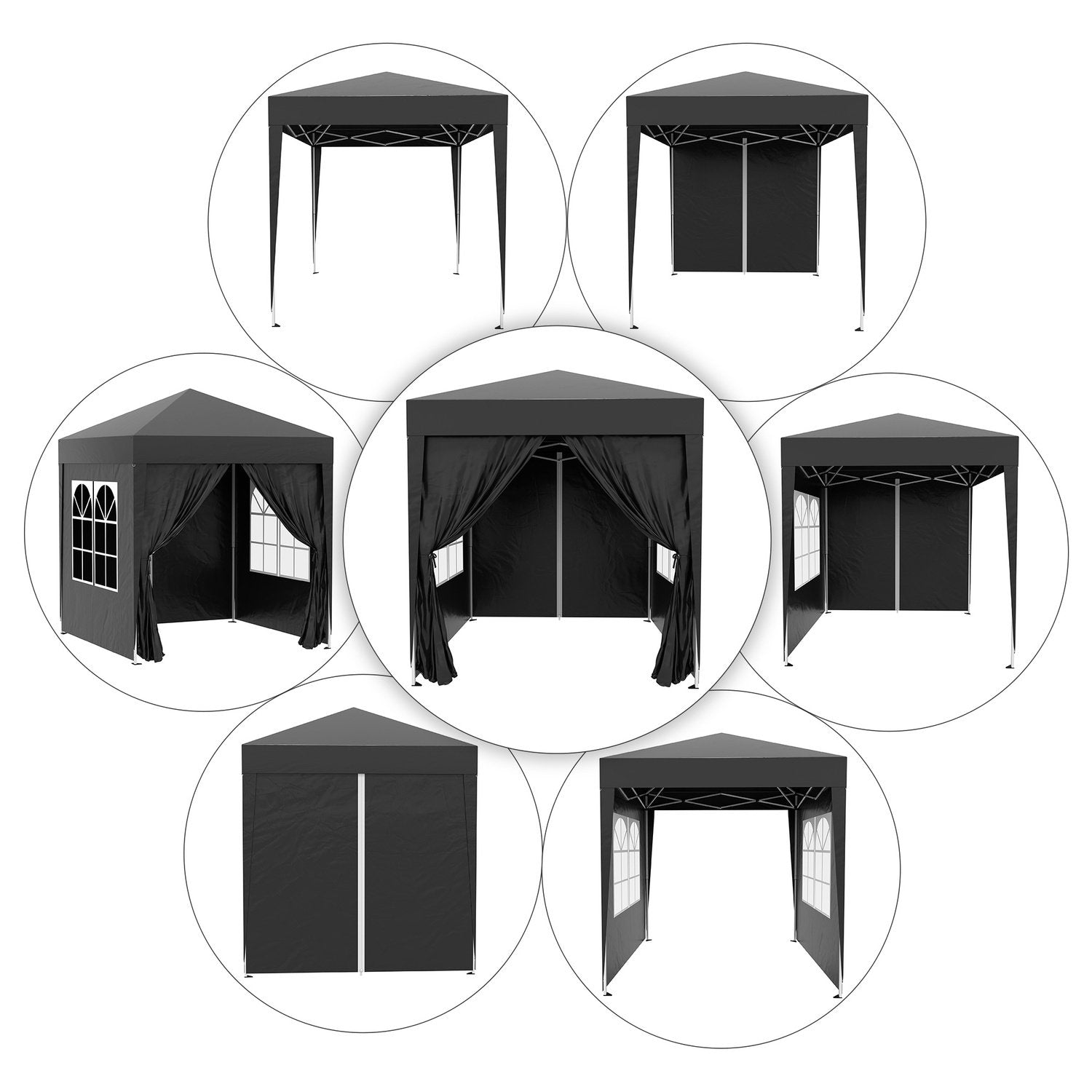 Foldepavillon 2 X 2M Pavillon Med 4 Sidevægge, Vindue, Markeringstelt Med UV-beskyttelse, Havetelt Med Bæretaske, Stål Oxford, Sort