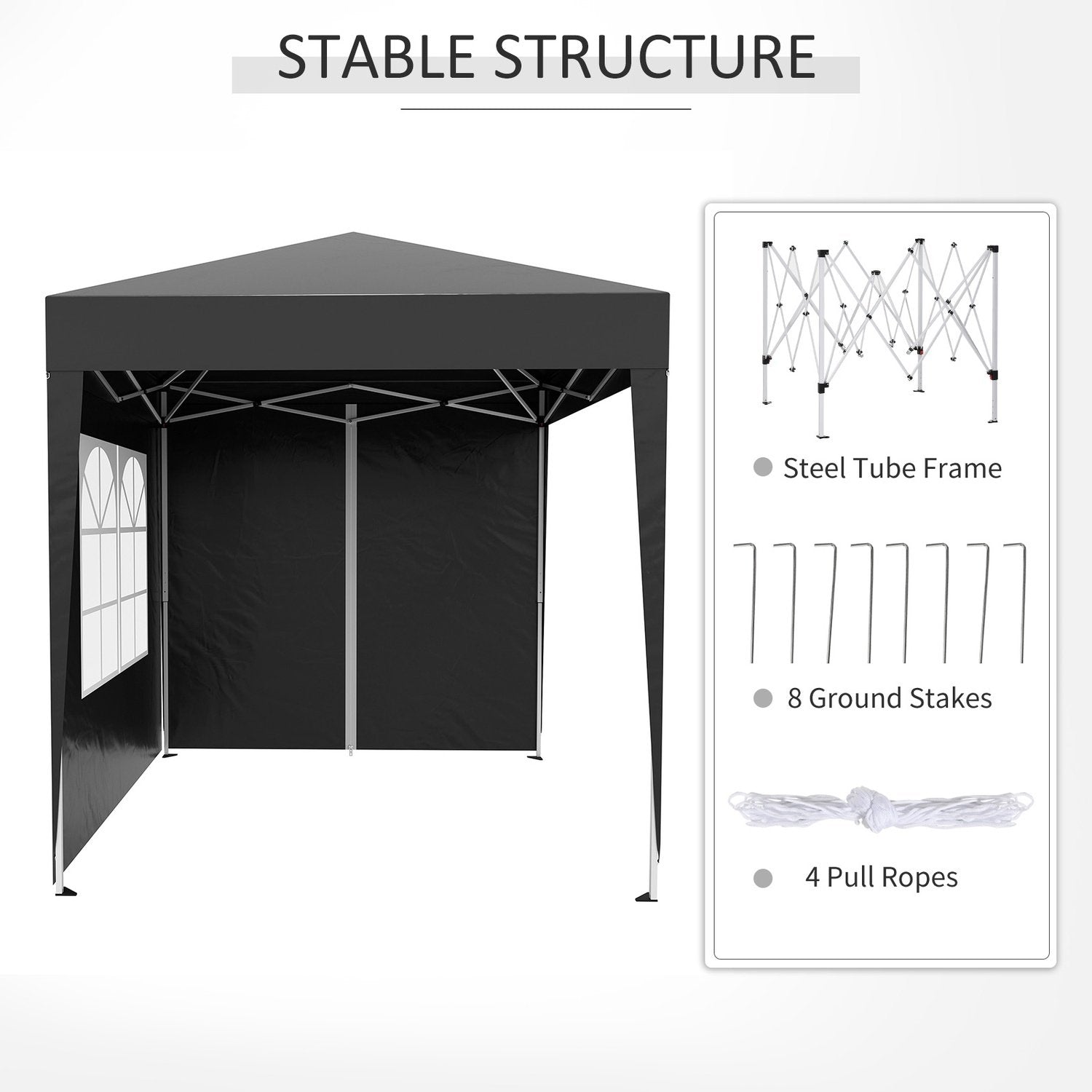 Foldepavillon 2 X 2M Pavillon Med 4 Sidevægge, Vindue, Markeringstelt Med UV-beskyttelse, Havetelt Med Bæretaske, Stål Oxford, Sort