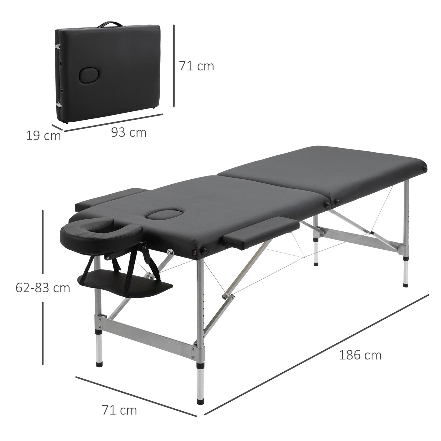 Foldemassagebord, professionelt 7-zoners massagebord, højdejusterbart, belastning op til 130 kg, ideel til spa og salon, sort