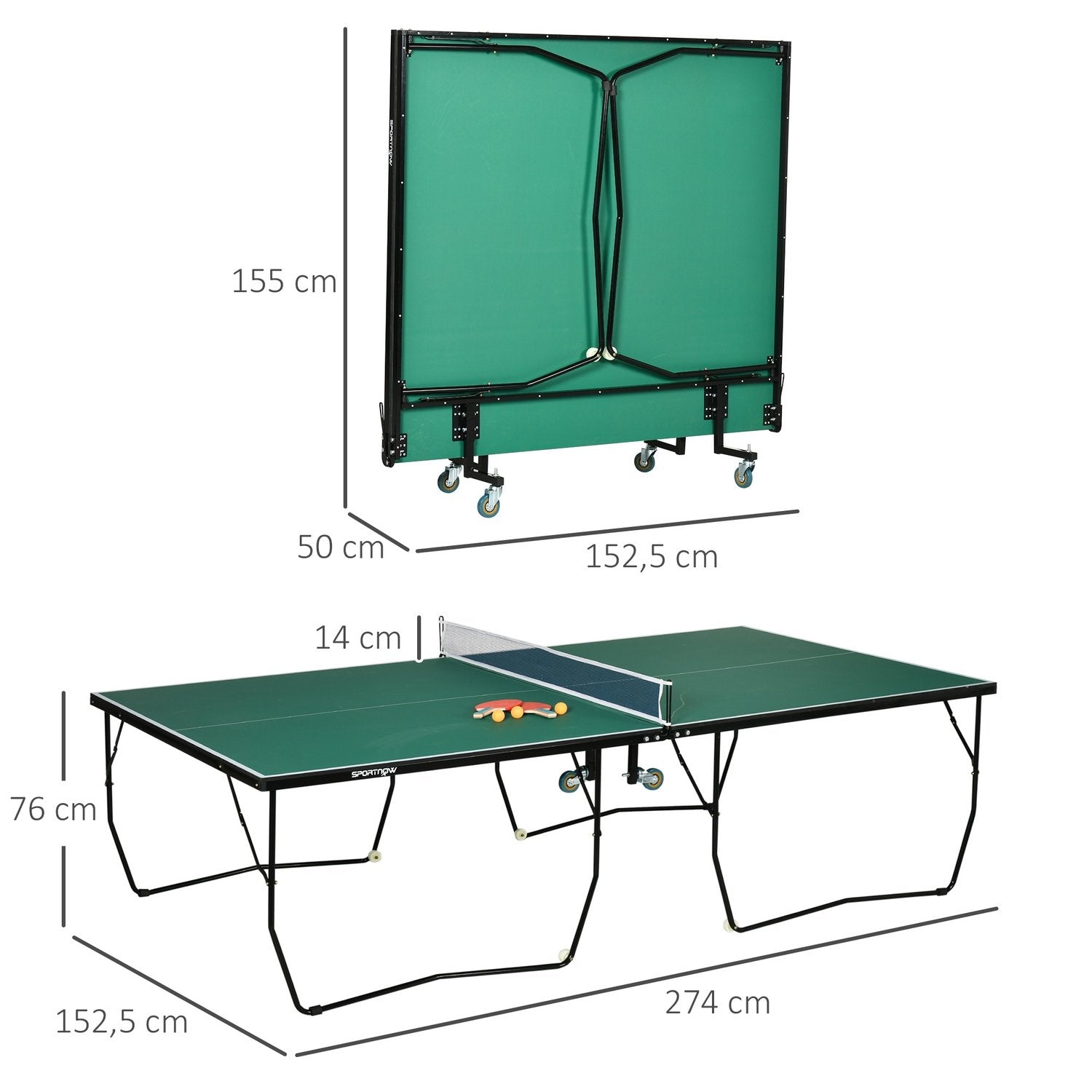 Indendørs bordtennisbord med hjul Bordtennisbord Sammenklappeligt bordtennisspilsæt med 2 bordtennisbat og 3 bolde, stål, grøn