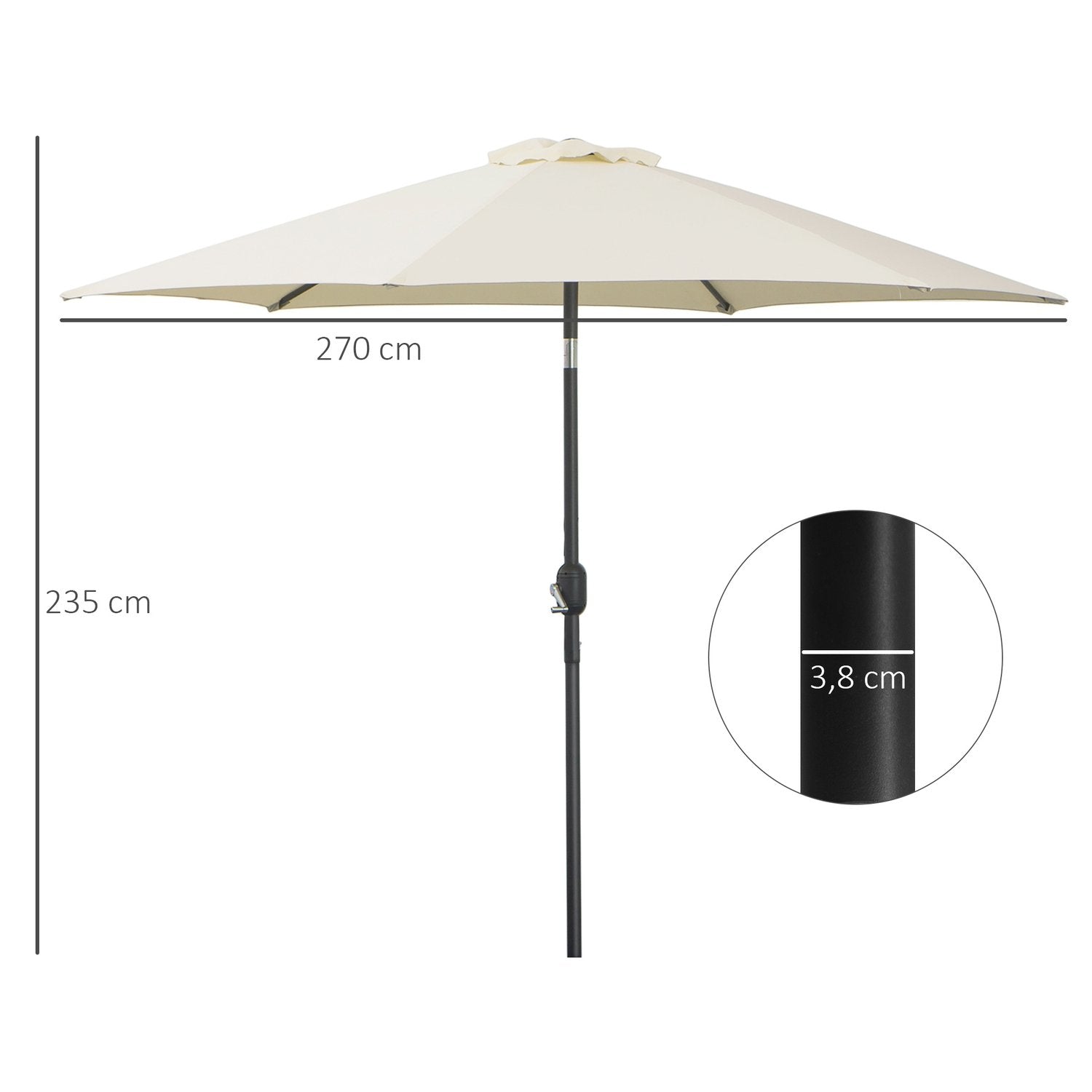 Foldeparaply Parasol Haveparaply Market Paraply Med Håndsving Aluminium 180/㎡ Polyester Beige ∅2,7 X 2,35 M