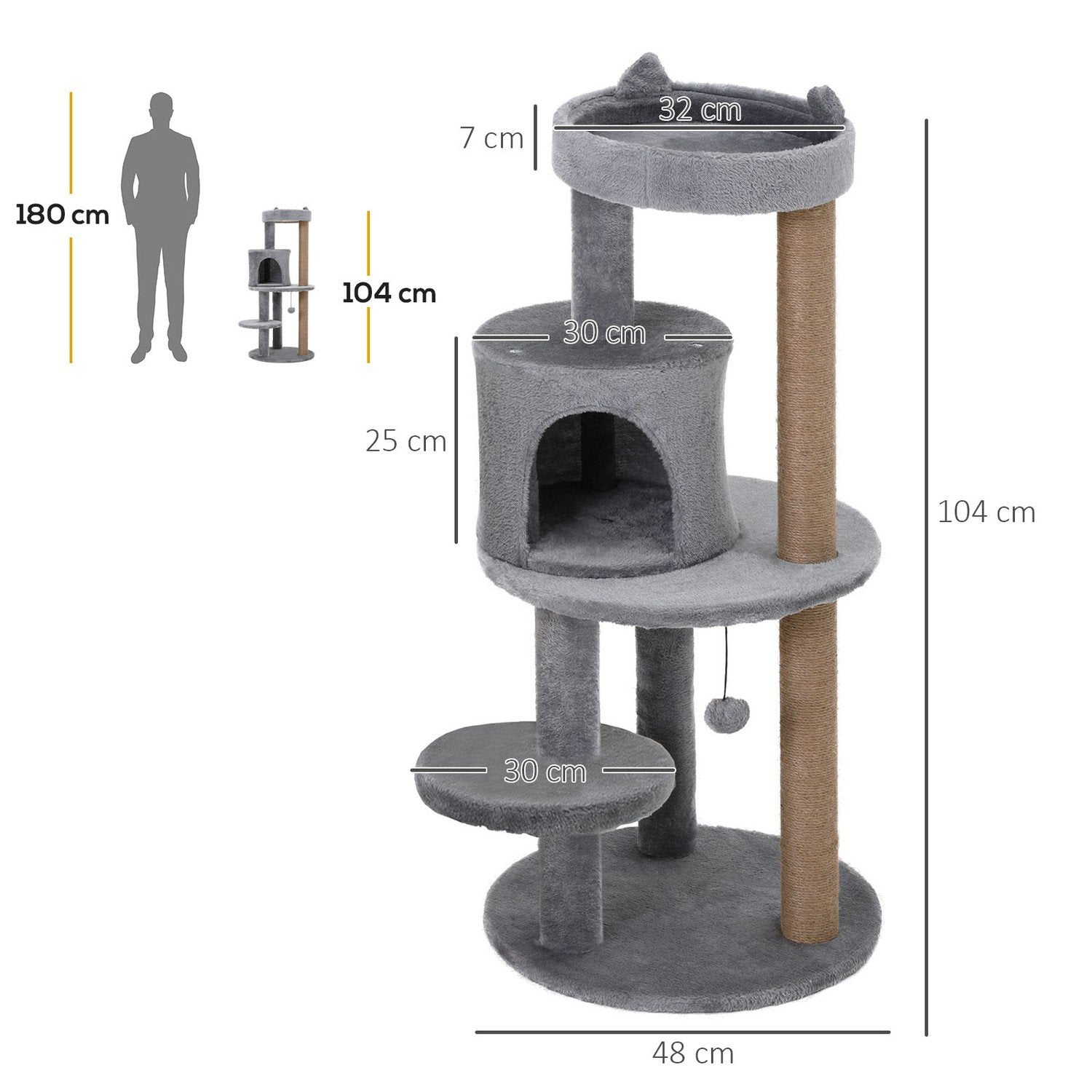 Cat Tree 4-Vånings Kattgrotta Med Lekbollar, Abborre, Sisalpelare, Skrapa, Plysch, Grå, 48X48X104Cm