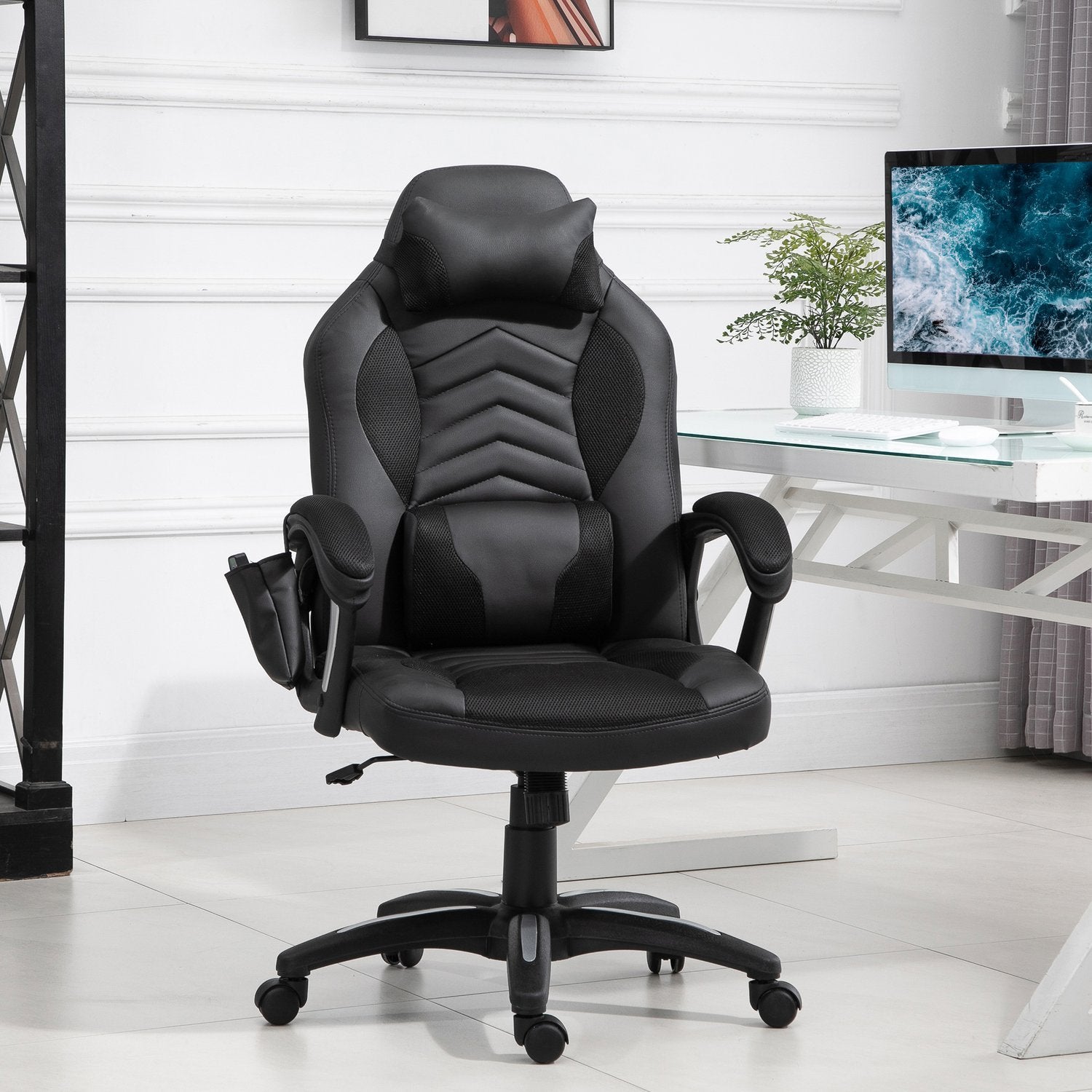 Gaming Chair Kontorsstol Med Värmefunktion 6 Vibrationspunkter Ergonomisk Snurrstol Massagestol Konstläder Svart B68 X D69 X H (108-117) Cm