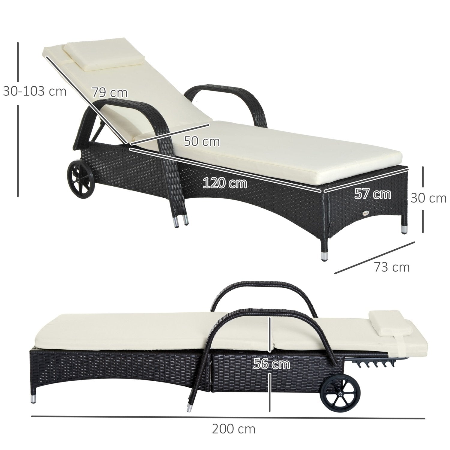 Trädgårdsmöbler Trädgårdsstol Solstol Mobil Med Dyna, Polyrattan + Metall, Svart, 200 X 73 X 30-103 Cm