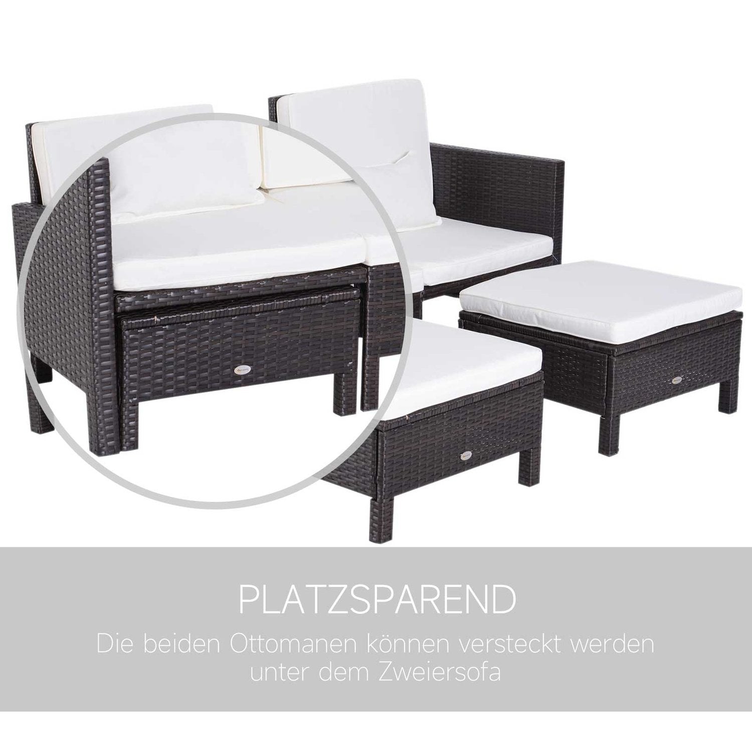 Havesofasæt Brun polyrattan og metal, inklusive 2-personers sofa, skammel og puder, perfekt til have og lounge