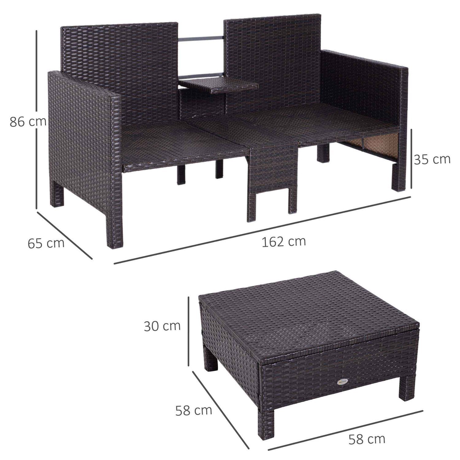 Havesofasæt Brun polyrattan og metal, inklusive 2-personers sofa, skammel og puder, perfekt til have og lounge