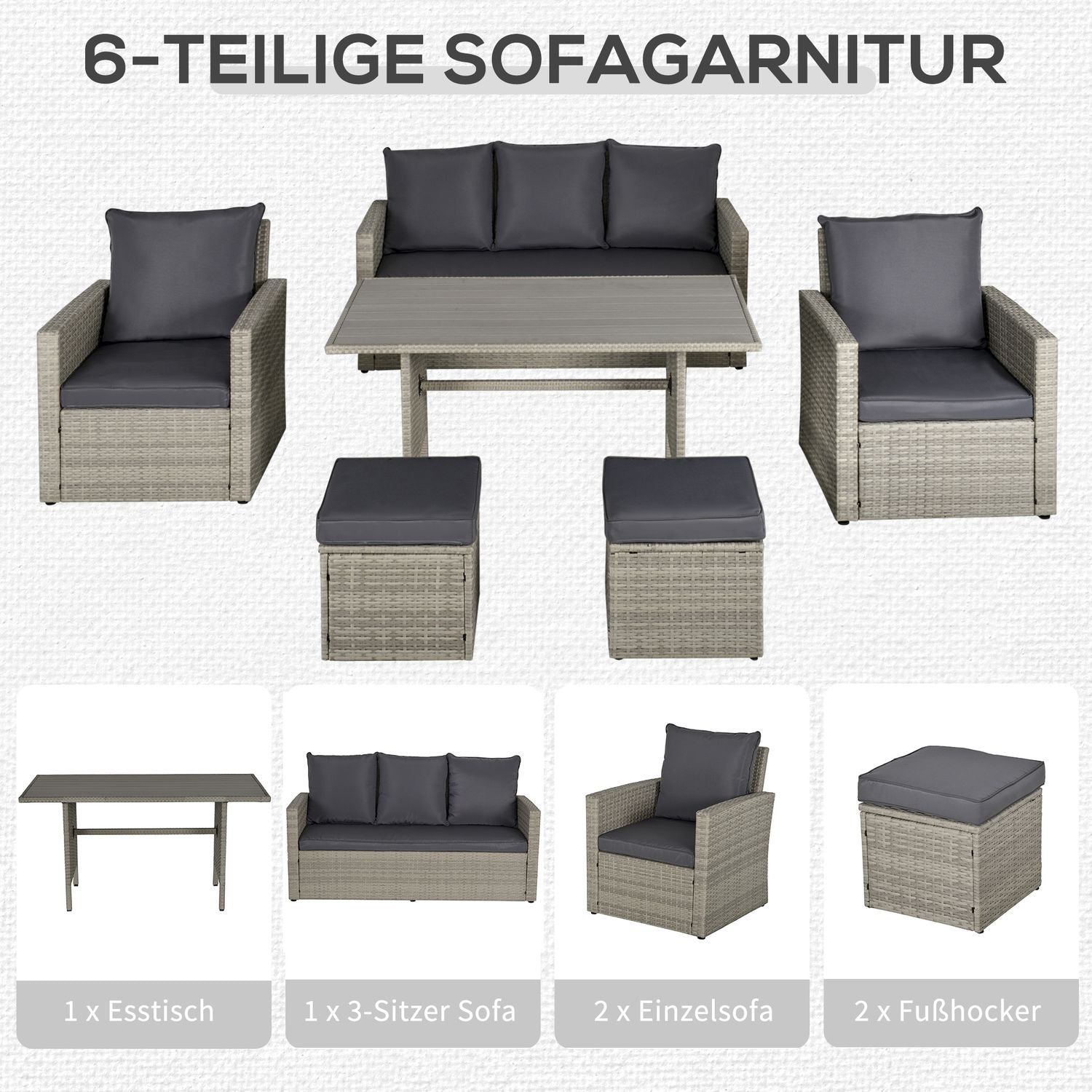 Havespisegruppe med sofagruppe, stue og skammel, perfekt til have og balkon, pe-rattan, grå