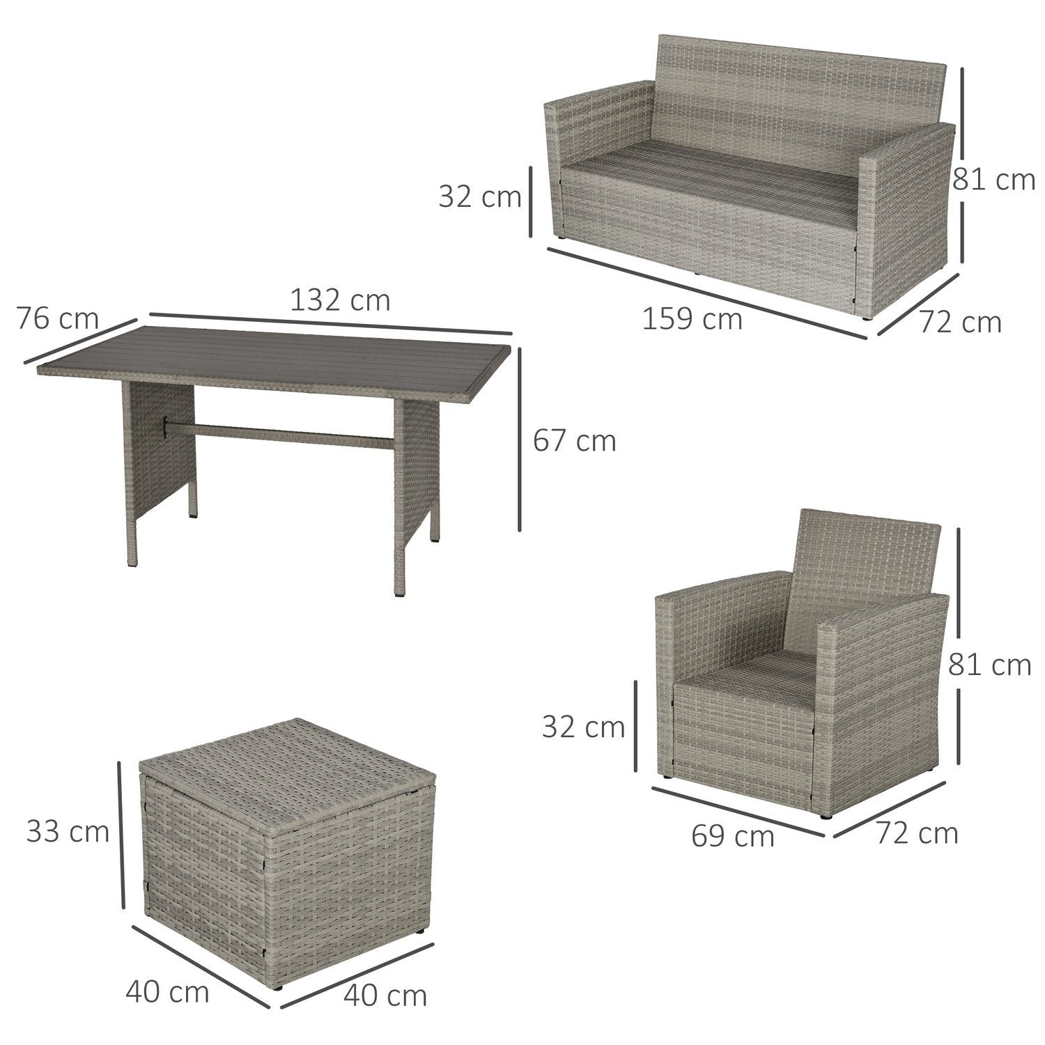 Havespisegruppe med sofagruppe, stue og skammel, perfekt til have og balkon, pe-rattan, grå