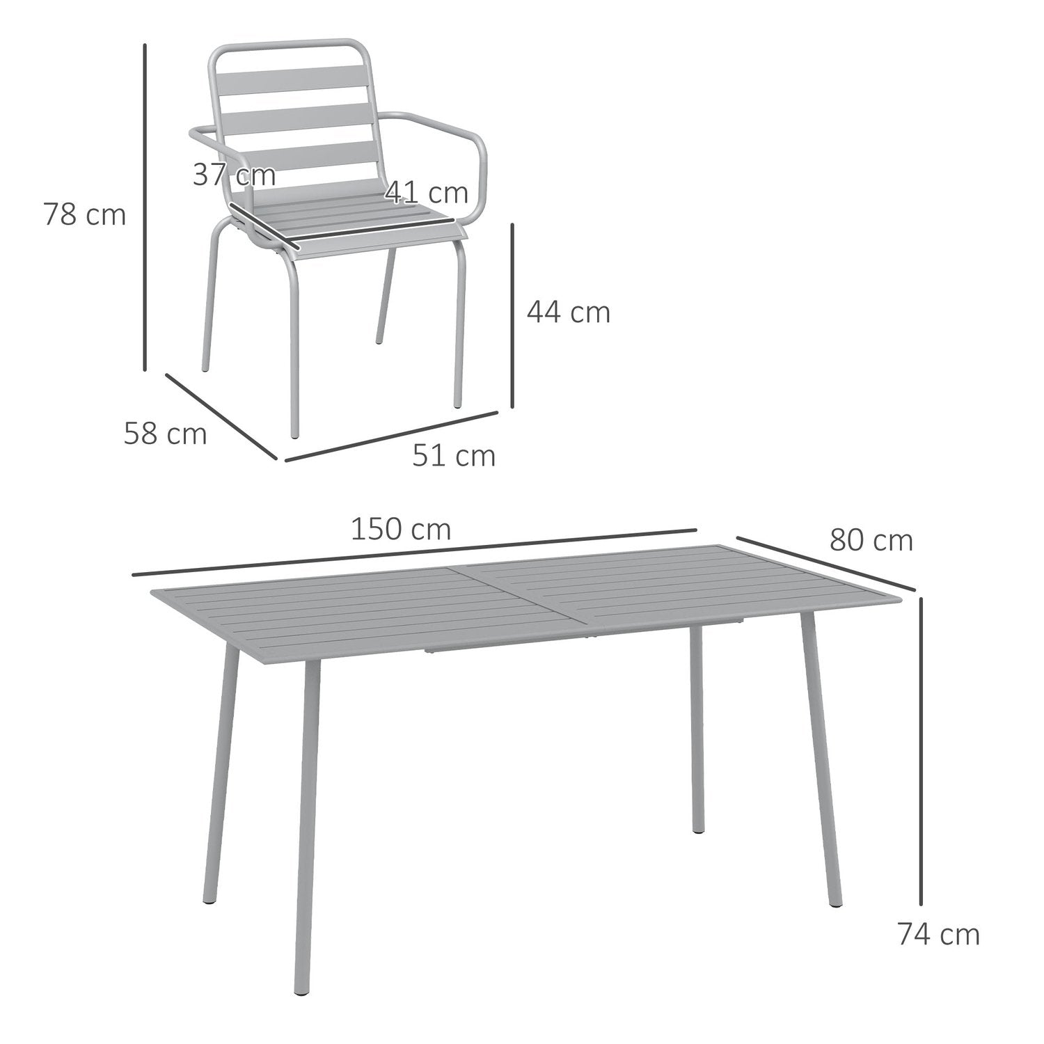 Havemøbelsæt, Siddegruppe, Spisebord, 6 stabelbare stole, Balkon, Terrasse, Stål, Lysegrå