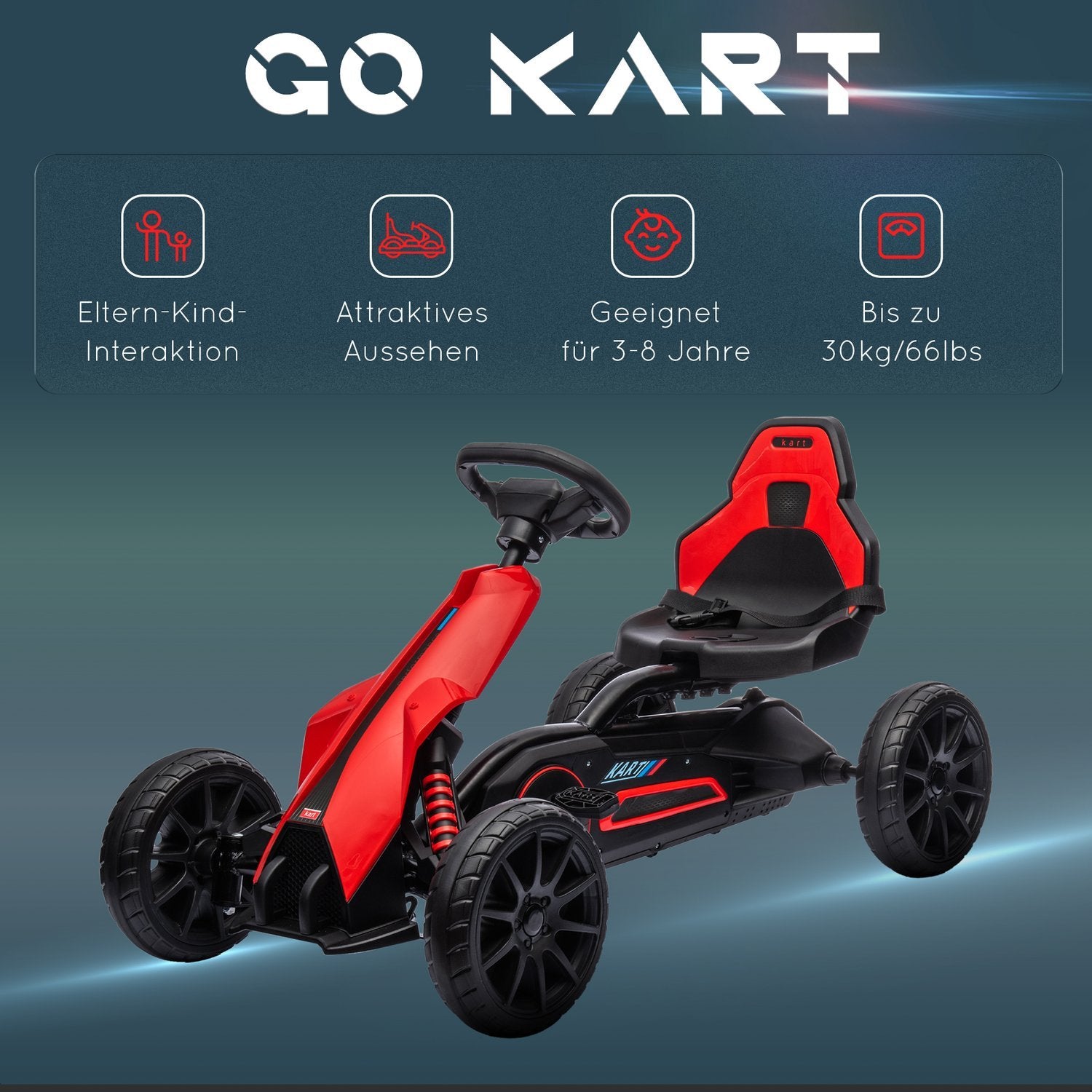 Go Kart, børnekøretøj med justerbart sæde, pedalbil, pedalbil med håndbremse, Kettcar til børn 3-8 år