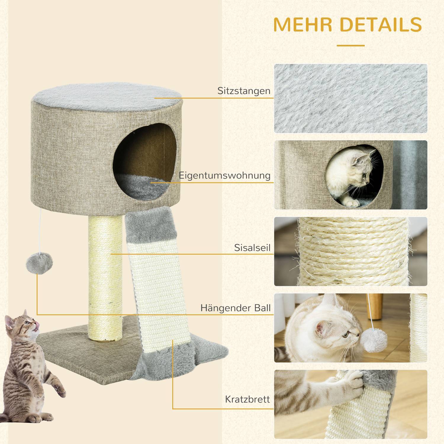 Cat Scratching Post Klätterträd Med Play Ball, Cat Box, Grå, 30X30X50Cm