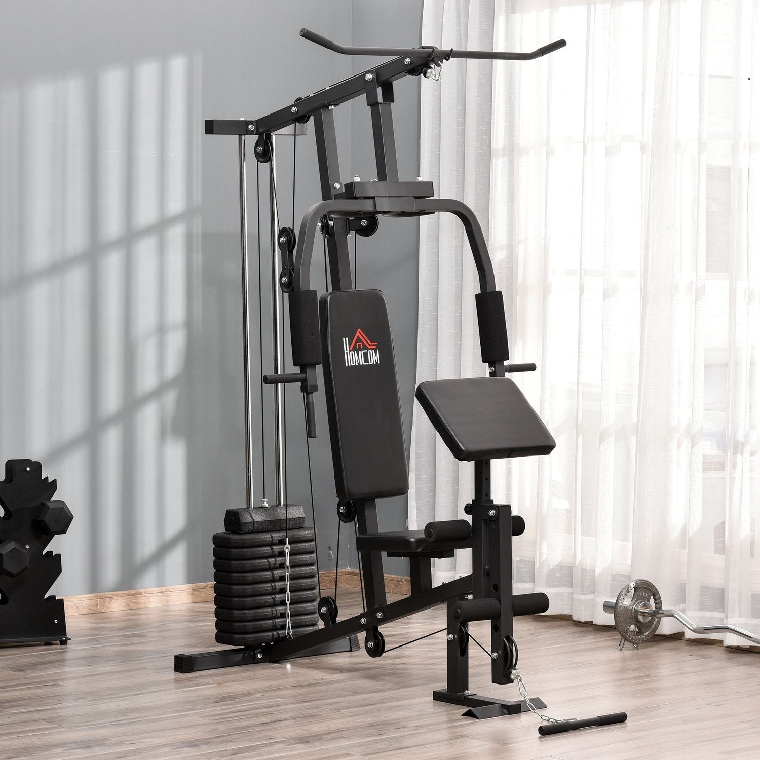 Gym Multigym Fitness Udstyr Fitness Station Fitnesscenter Inkl. vægte med rullepolstring Stål Kunstlæder Sort 148 X 108 X 207 Cm