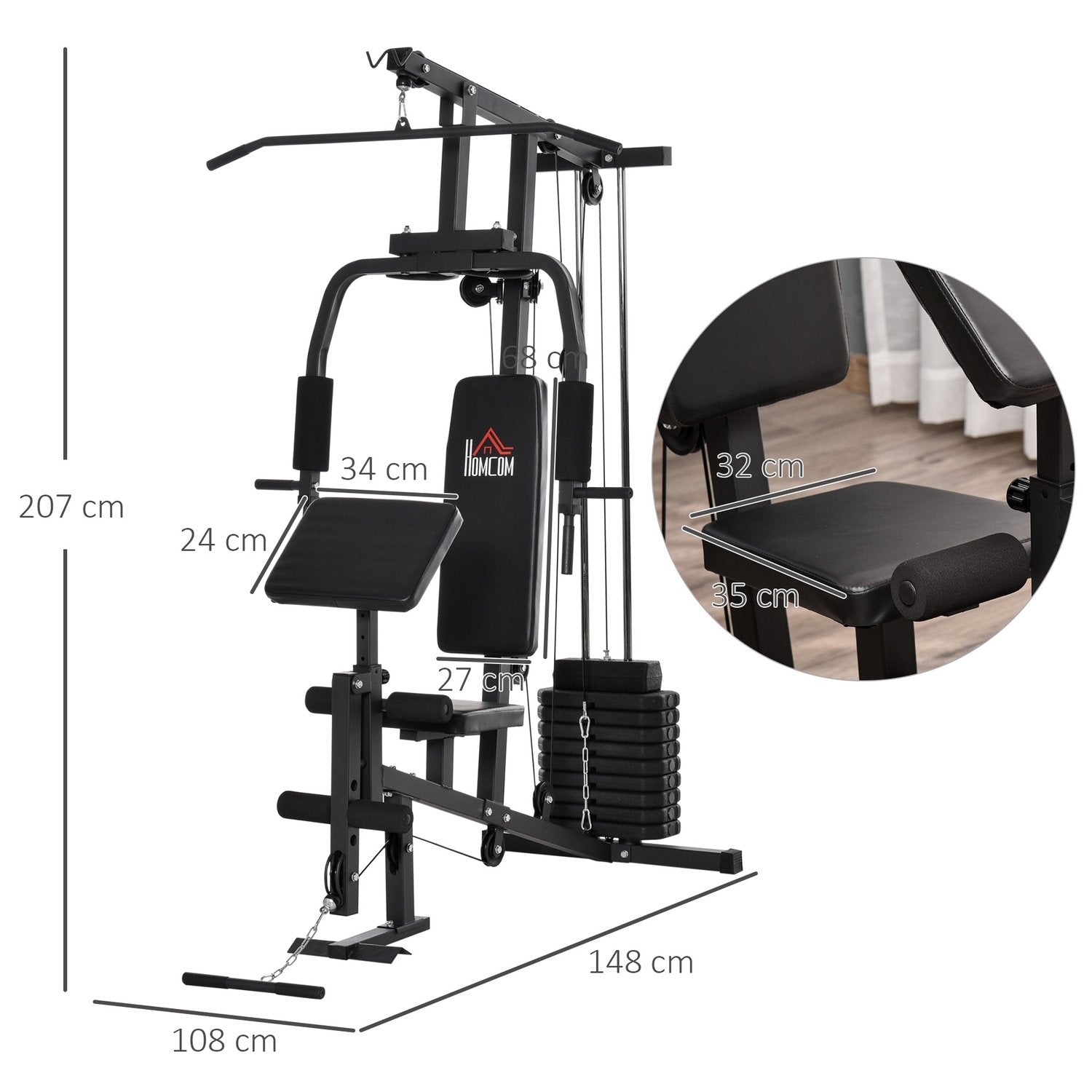 Gym Multigym Fitness Udstyr Fitness Station Fitnesscenter Inkl. vægte med rullepolstring Stål Kunstlæder Sort 148 X 108 X 207 Cm