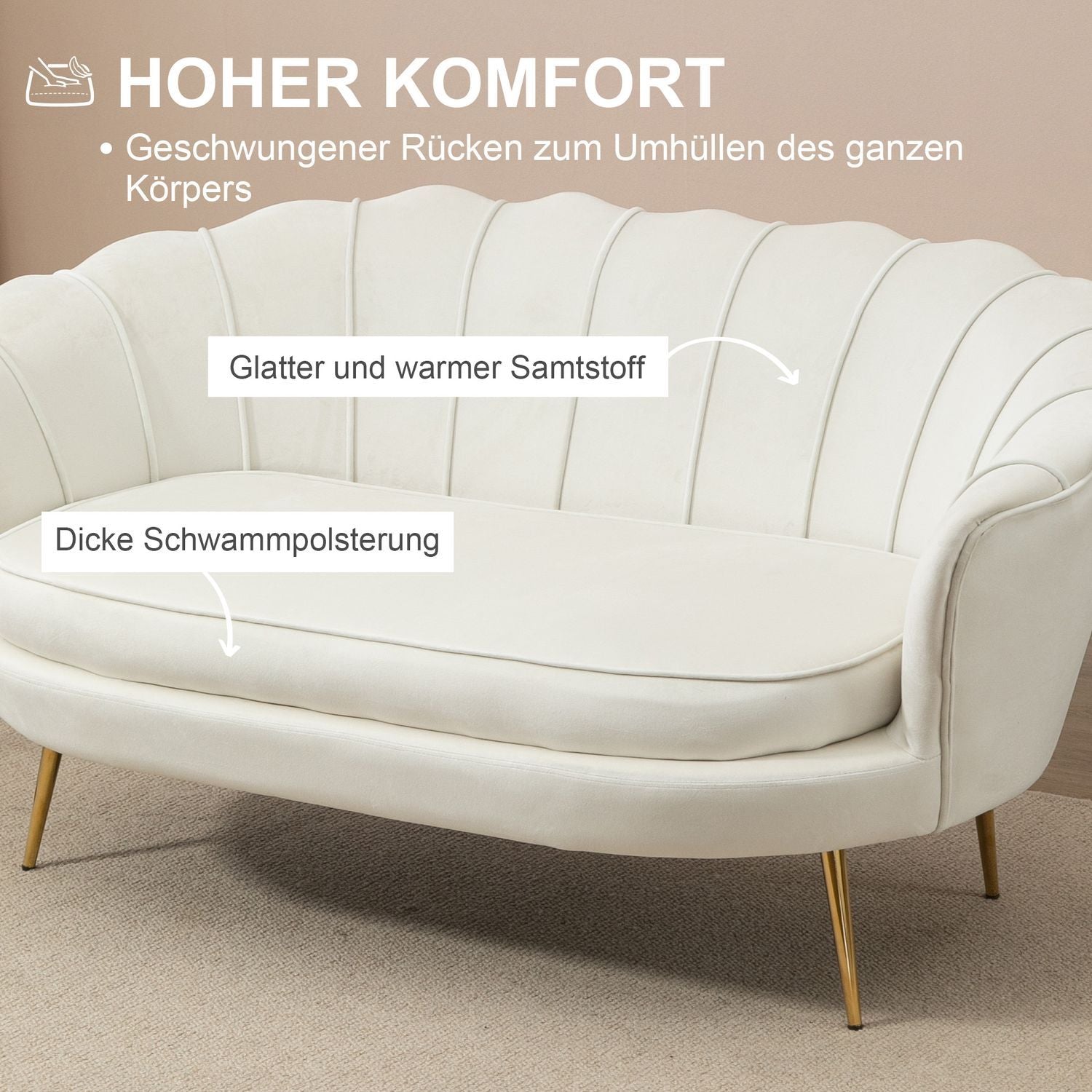 2-Pers Sofa Sofa Polstret Sofa Loveseat Armlæn Fløjl Op til 150 Kg Stue Soveværelse Creme 130X77X77Cm