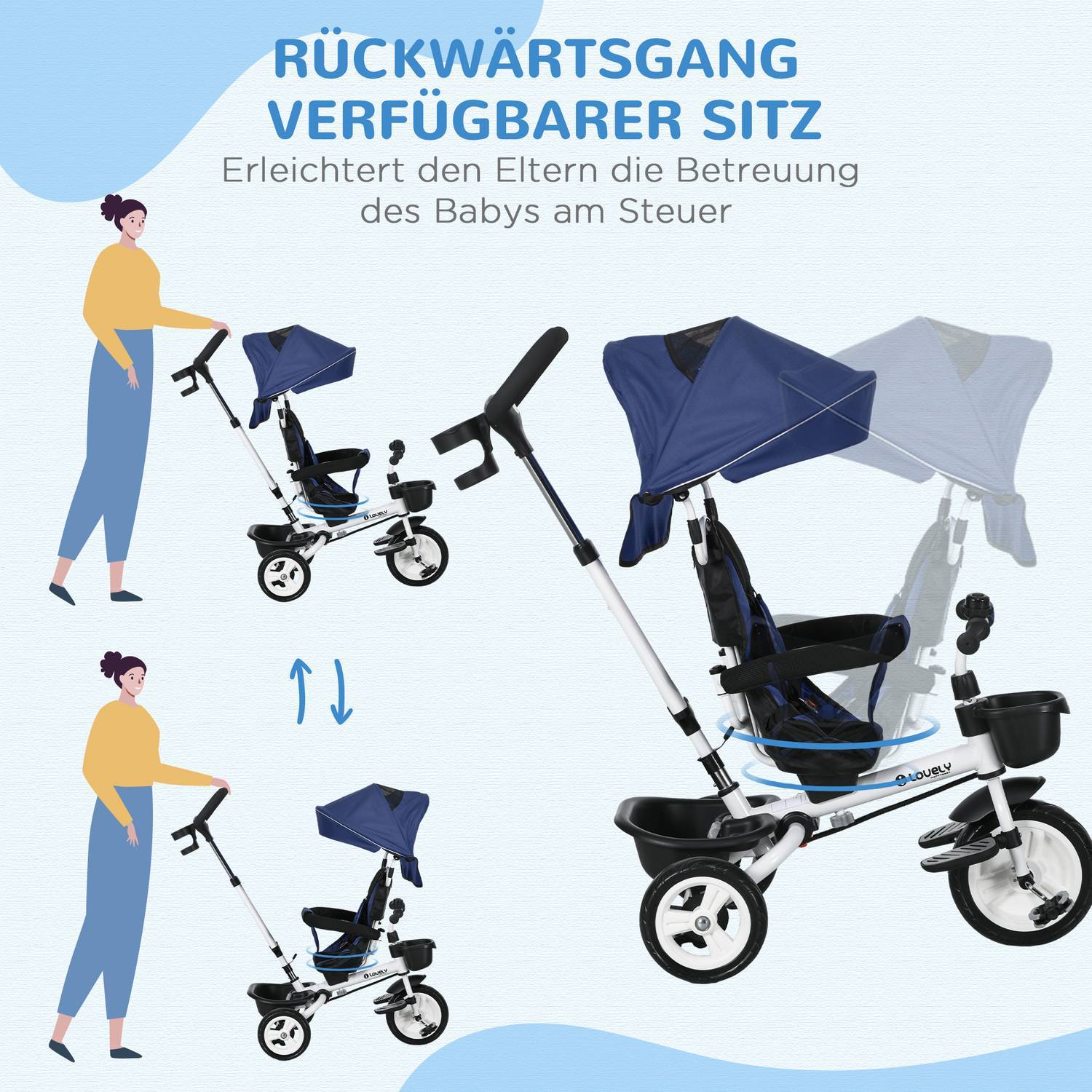 2-I-1 Trehjuling Push Bar Trehjuling Barn Säkerhetsbälte Fällbart Soltak Dryckeshållare Korg Pedal 1-5 År Blå