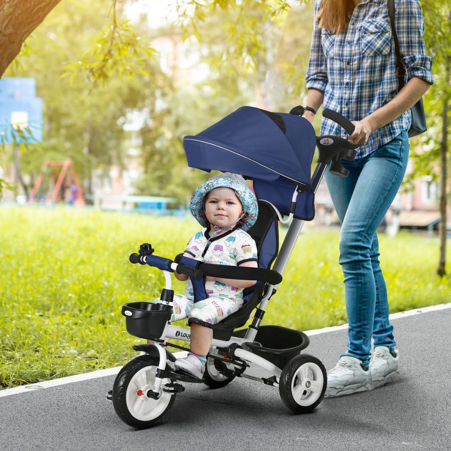 2-I-1 Trehjuling Push Bar Trehjuling Barn Säkerhetsbälte Fällbart Soltak Dryckeshållare Korg Pedal 1-5 År Blå