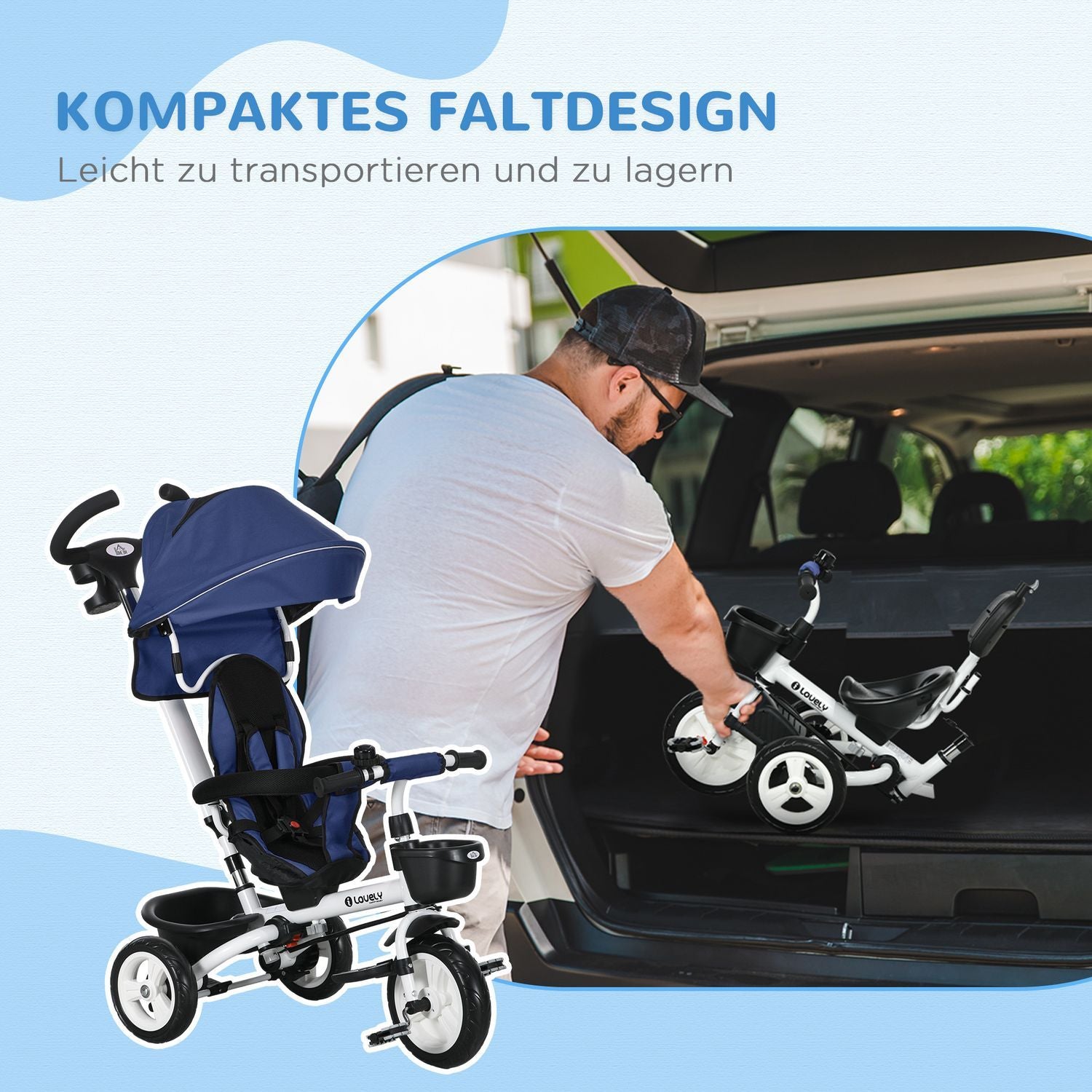 2-I-1 Trehjuling Push Bar Trehjuling Barn Säkerhetsbälte Fällbart Soltak Dryckeshållare Korg Pedal 1-5 År Blå