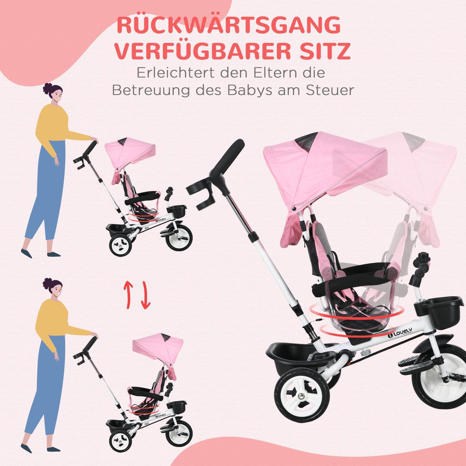 2-I-1 Trehjuling Push Bar Barns Trehjuling Säkerhetsbälte Fällbart Soltak Dryckeshållare Korg Pedal 1-5 År Rosa