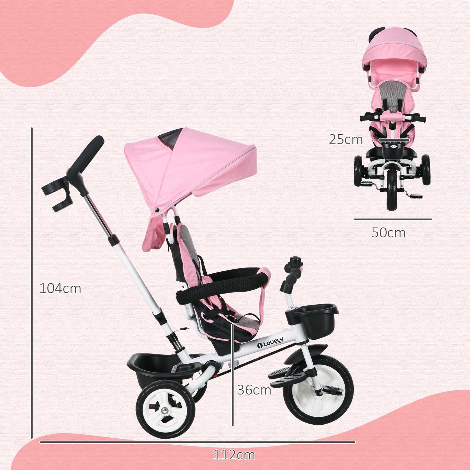 2-I-1 Trehjuling Push Bar Barns Trehjuling Säkerhetsbälte Fällbart Soltak Dryckeshållare Korg Pedal 1-5 År Rosa