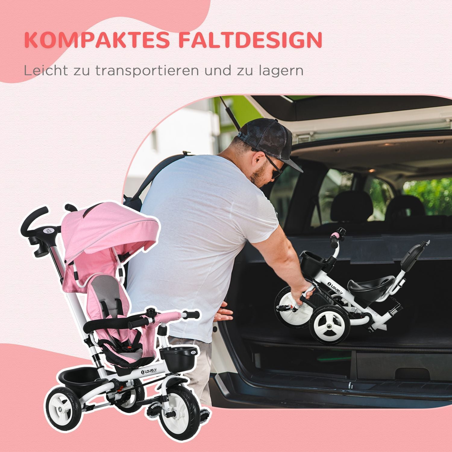 2-I-1 Trehjuling Push Bar Barns Trehjuling Säkerhetsbälte Fällbart Soltak Dryckeshållare Korg Pedal 1-5 År Rosa