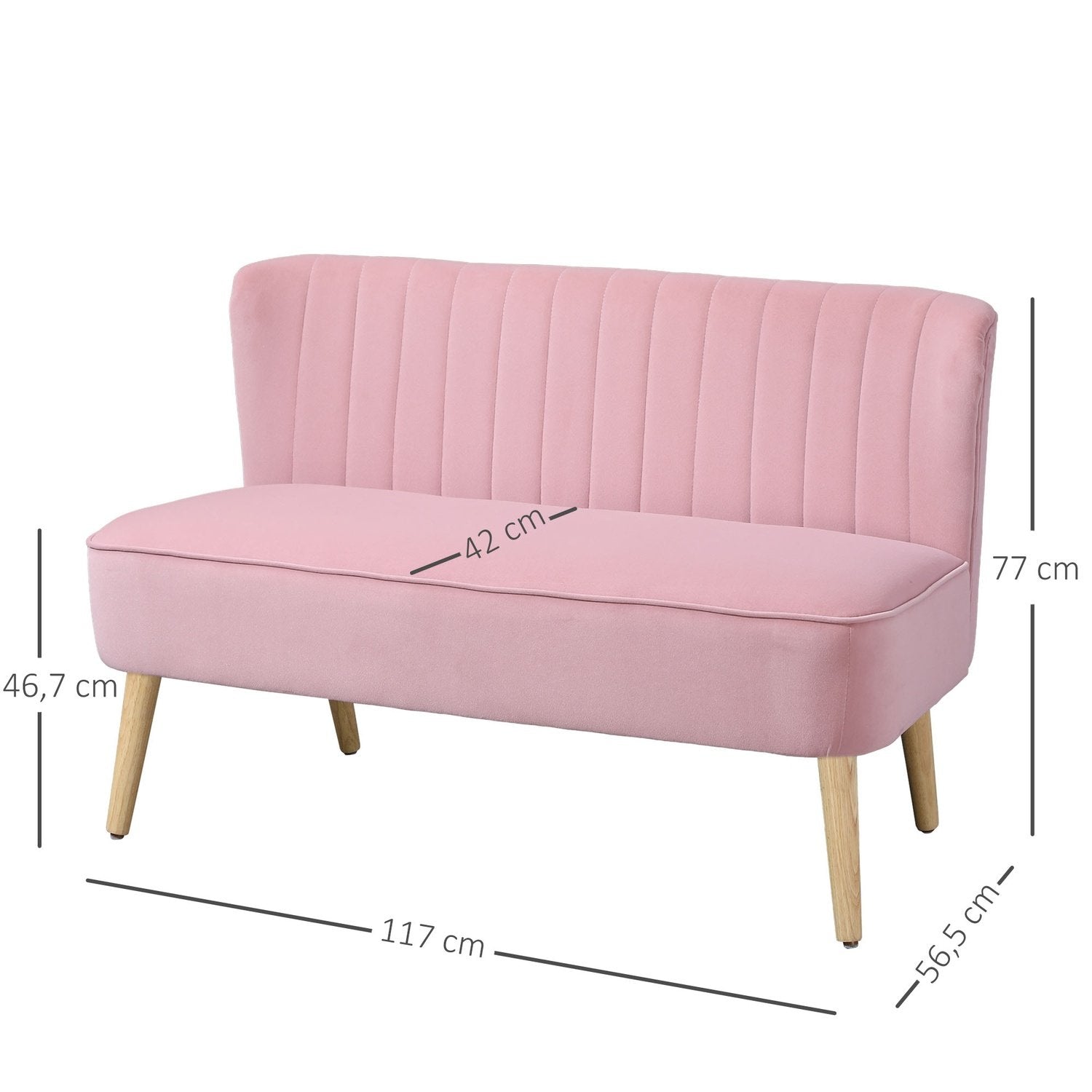 2-personers stofsofa, polstret sofa, dobbeltsofa, siddemøbler, loungesofa, træ, skum, fløjlslignende polyester, pink, 117 x 56,5 x 77 cm