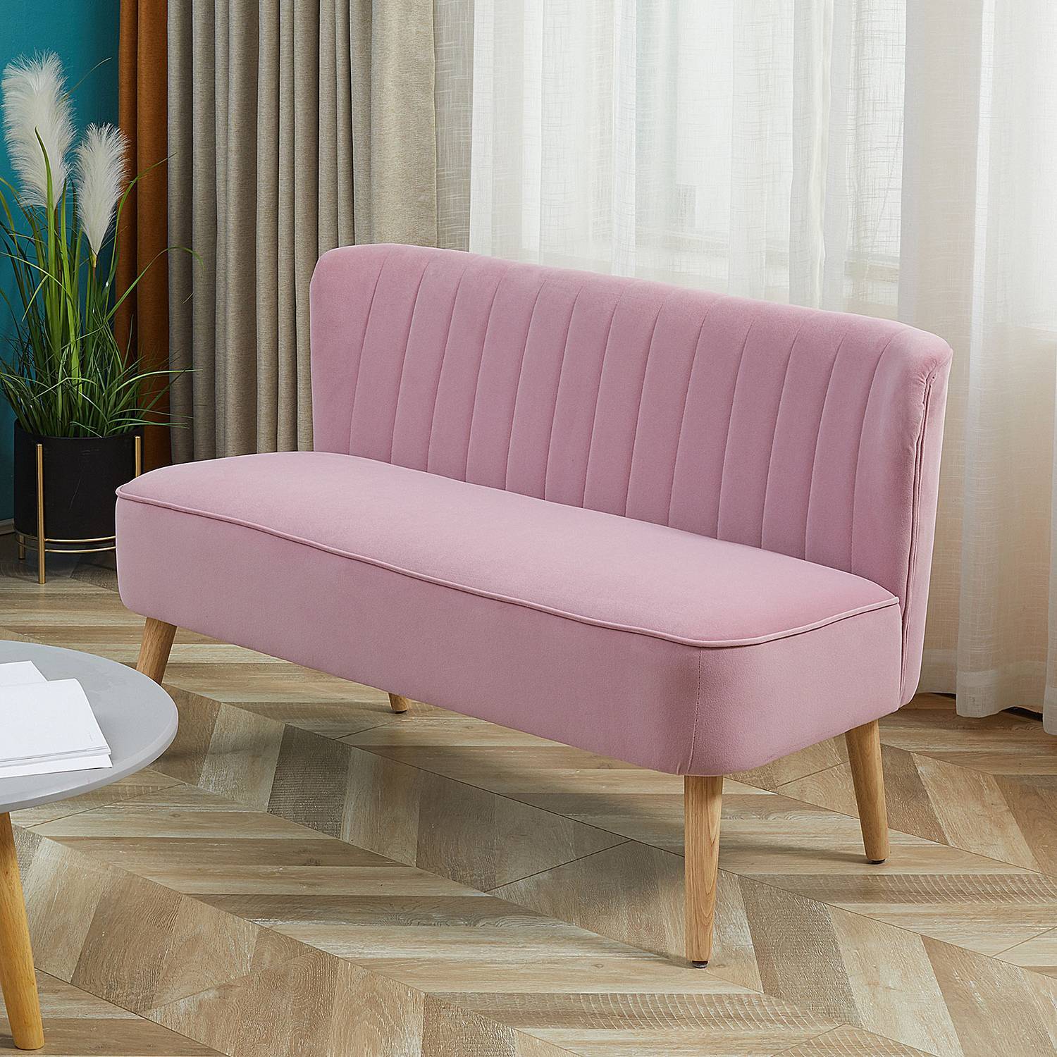 2-personers stofsofa, polstret sofa, dobbeltsofa, siddemøbler, loungesofa, træ, skum, fløjlslignende polyester, pink, 117 x 56,5 x 77 cm