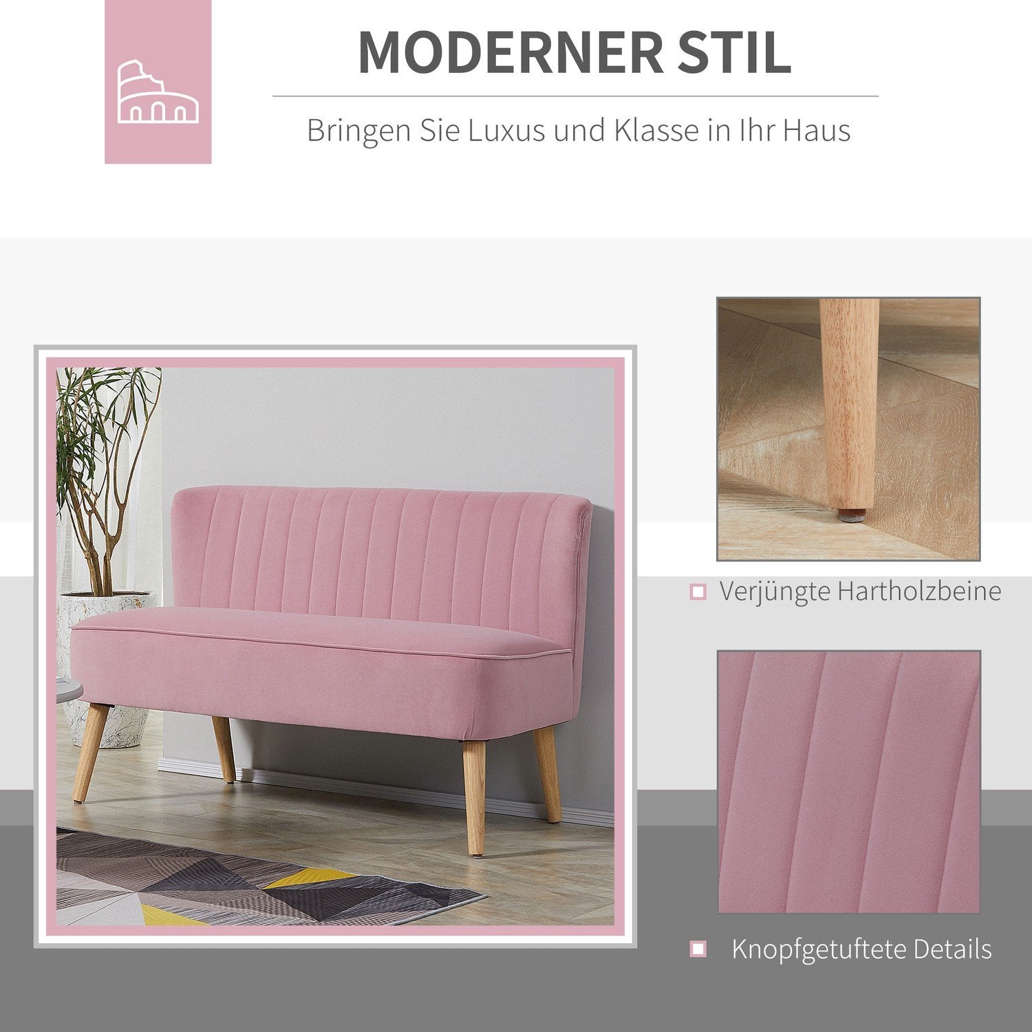 2-personers stofsofa, polstret sofa, dobbeltsofa, siddemøbler, loungesofa, træ, skum, fløjlslignende polyester, pink, 117 x 56,5 x 77 cm