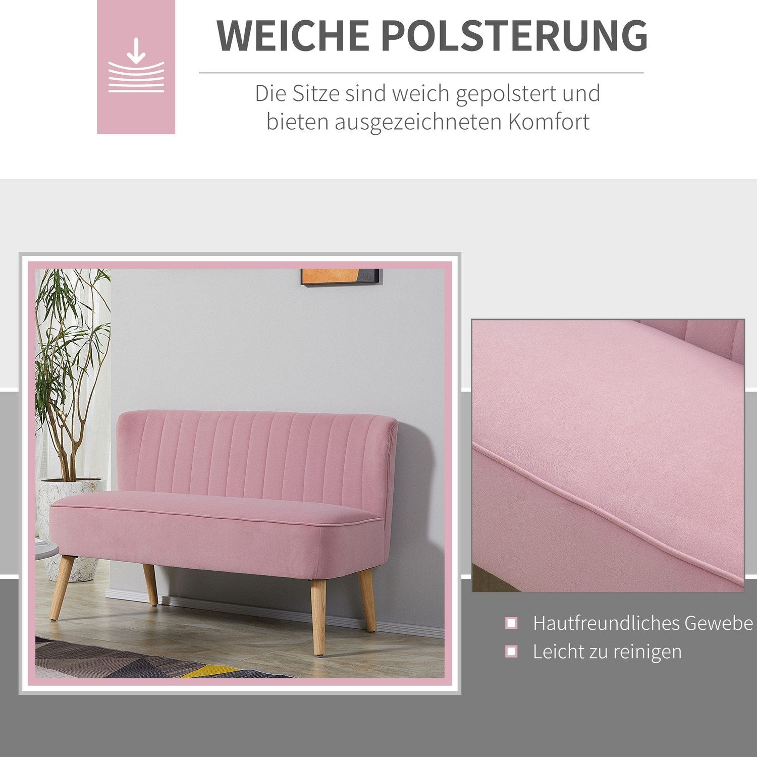 2-personers stofsofa, polstret sofa, dobbeltsofa, siddemøbler, loungesofa, træ, skum, fløjlslignende polyester, pink, 117 x 56,5 x 77 cm