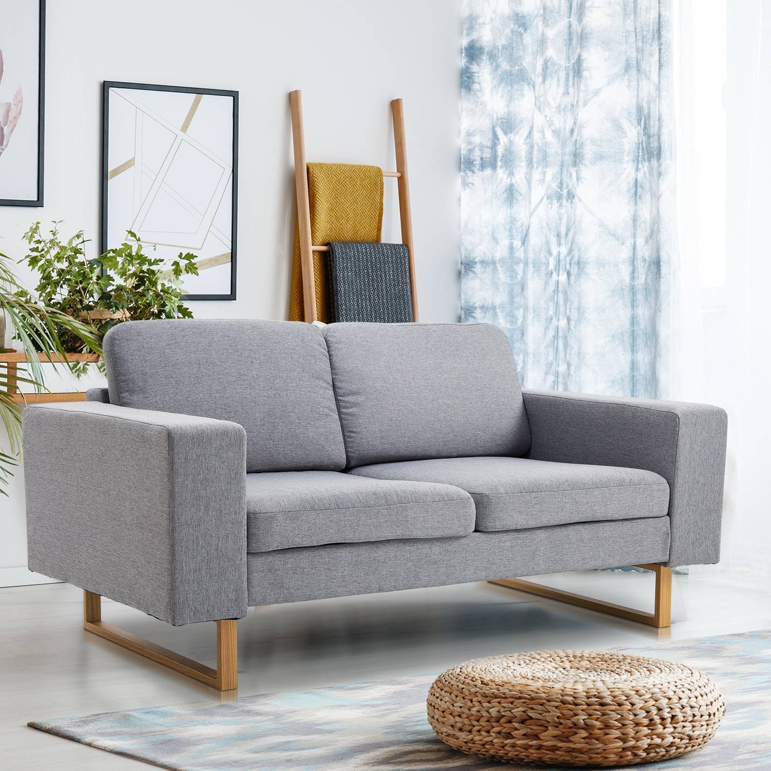 2-personers sofa, hjørnesofa, polstret sofa, stofsofa, siddemøbler, træ, lysegrå