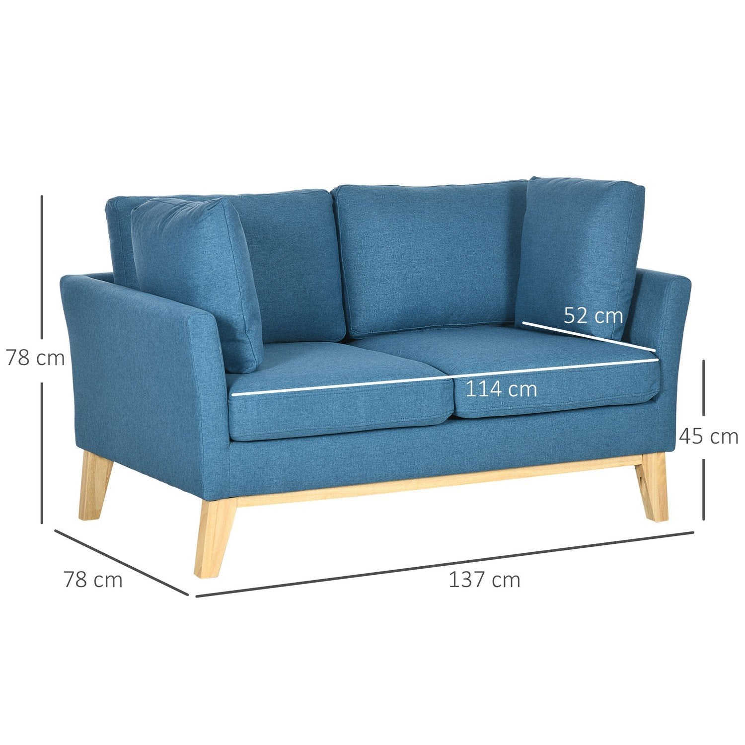 2-Sits Soffa Dubbel Soffa Linnelook Tvåsits Kudde Träben Upp Till 150Kg Blå 137X78X78Cm