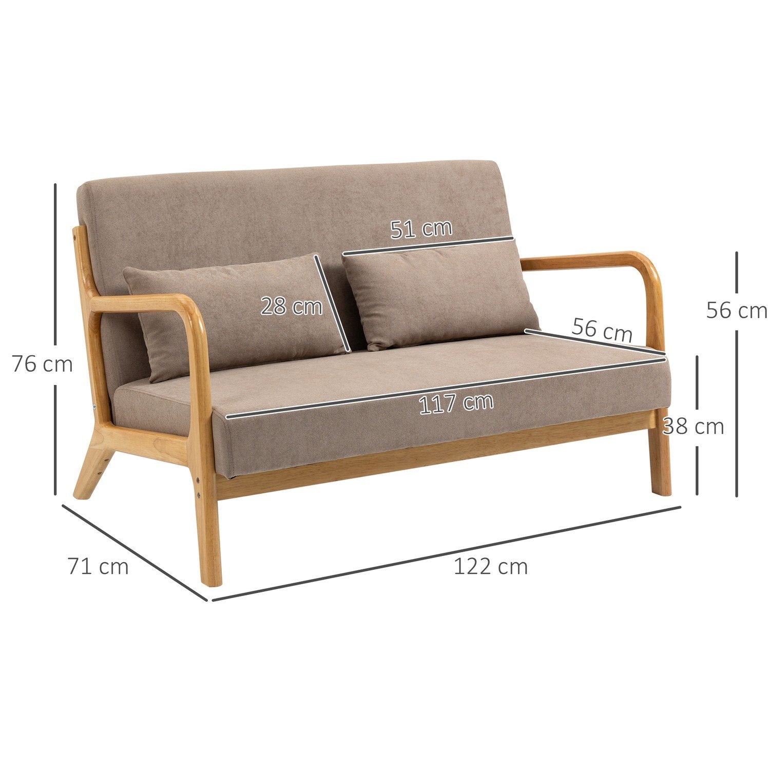 2-personers sofa Loveseat 2-personers med puder og fløjlslook Gummitræ, Lysegrå, 122 X 71 X 76 Cm