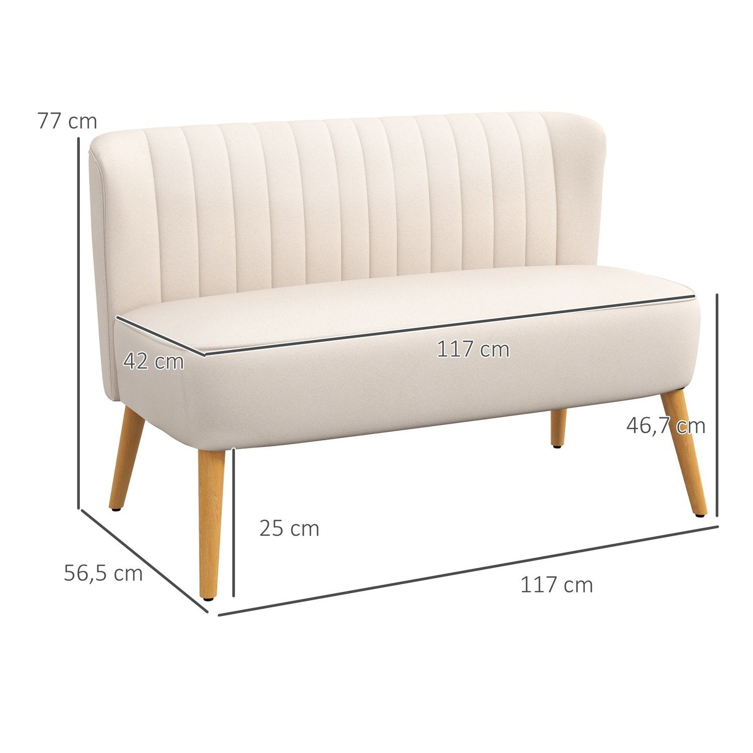 2-Sits Soffa, Loveseat Med Linnelook, Dubbelsoffa Med Träben, Lastkapacitet Upp Till 150 Kg, Krämvit, 117 X 56,5 X 77 Cm