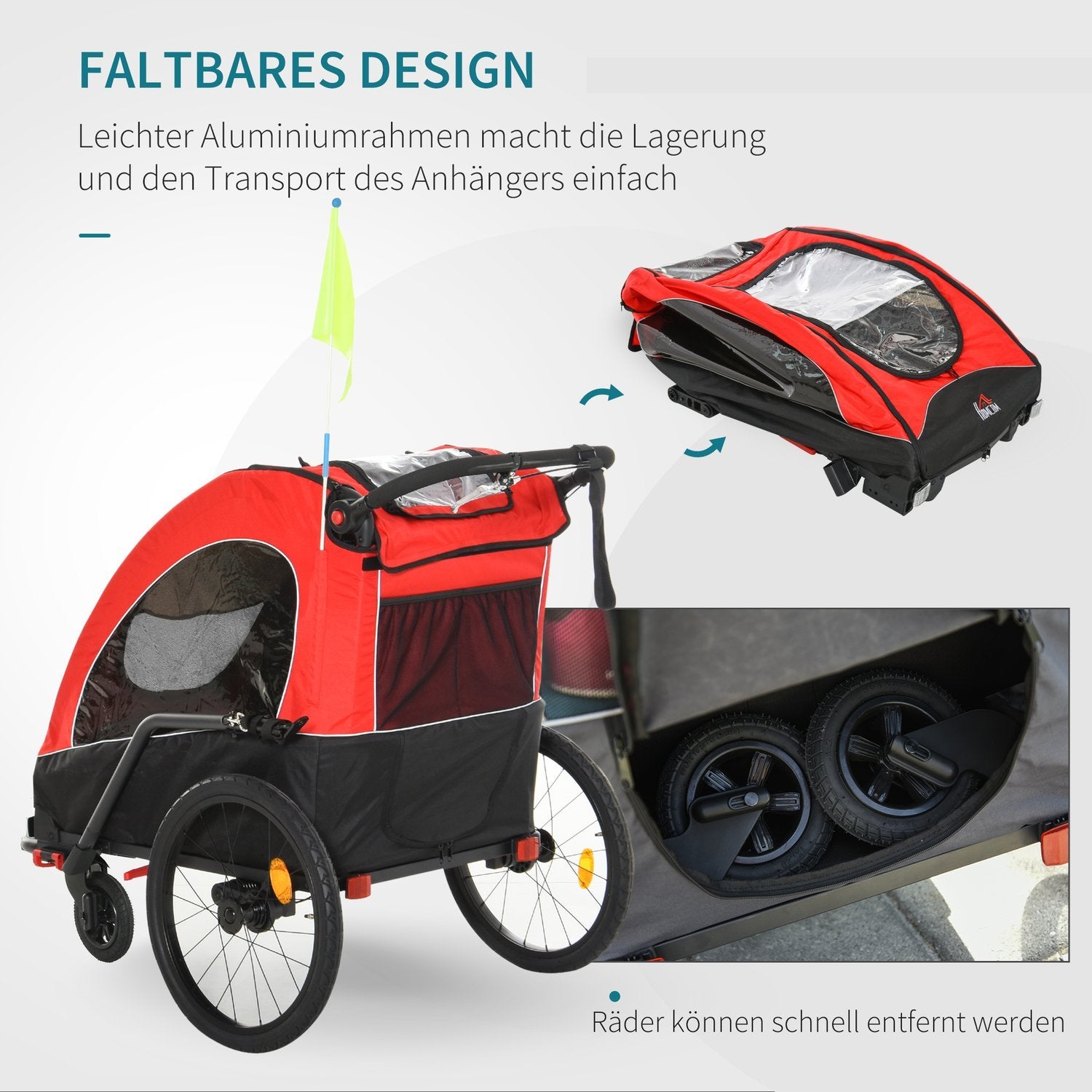 3 I 1 Klapvogn Til Børn Jogger Cykelklapvogn I Aluminium Til 2 Børn Med Flag Rød + Sort 150 X 85 X 107 Cm