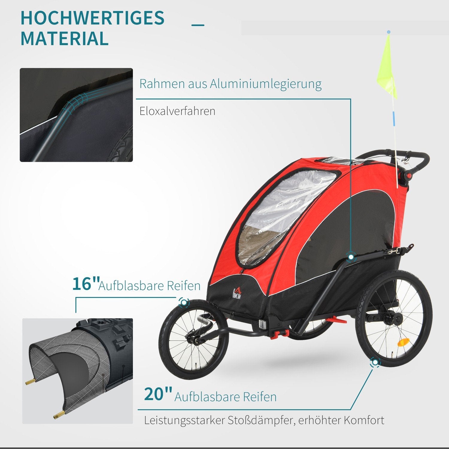 3 I 1 Klapvogn Til Børn Jogger Cykelklapvogn I Aluminium Til 2 Børn Med Flag Rød + Sort 150 X 85 X 107 Cm