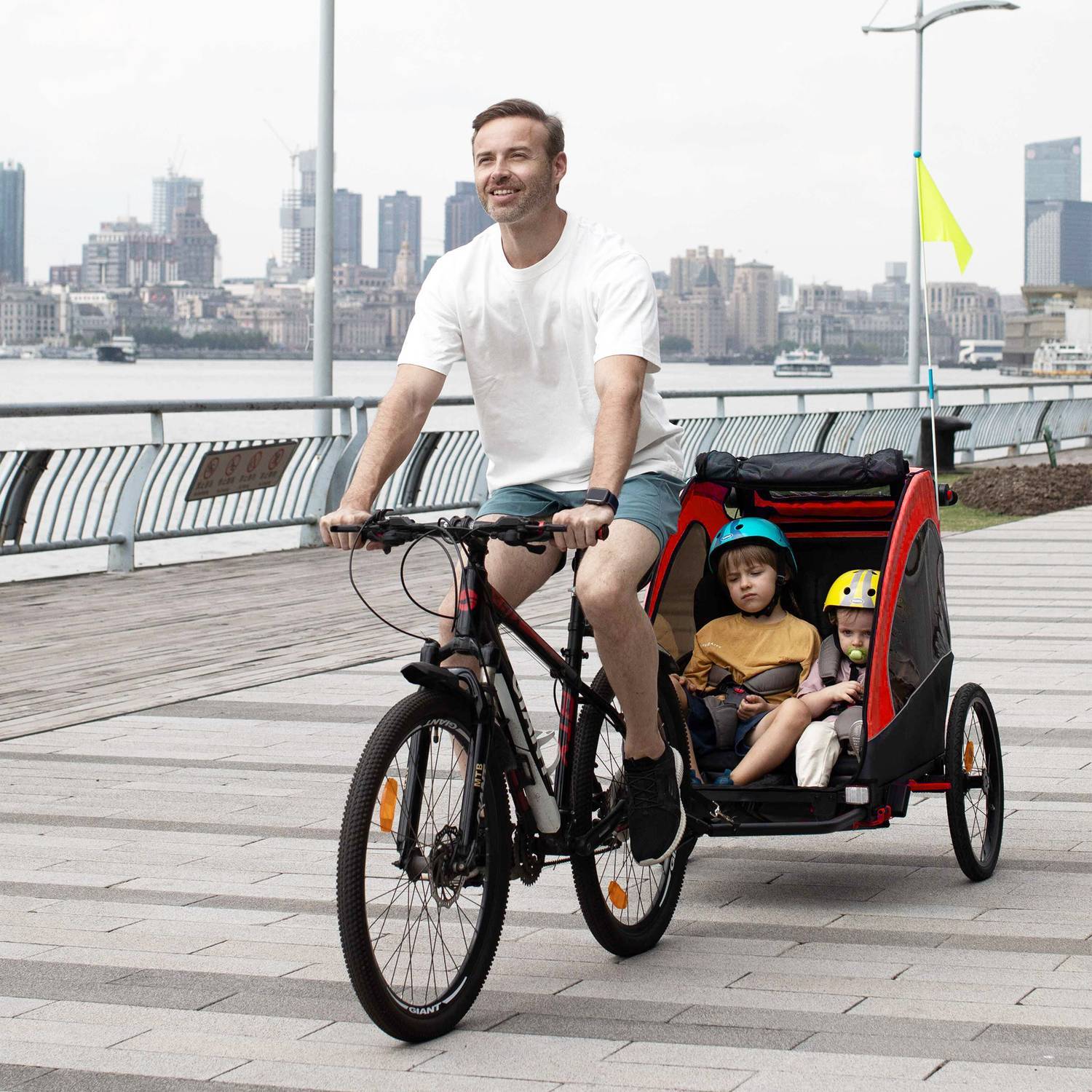 3 I 1 Klapvogn Til Børn Jogger Cykelklapvogn I Aluminium Til 2 Børn Med Flag Rød + Sort 150 X 85 X 107 Cm