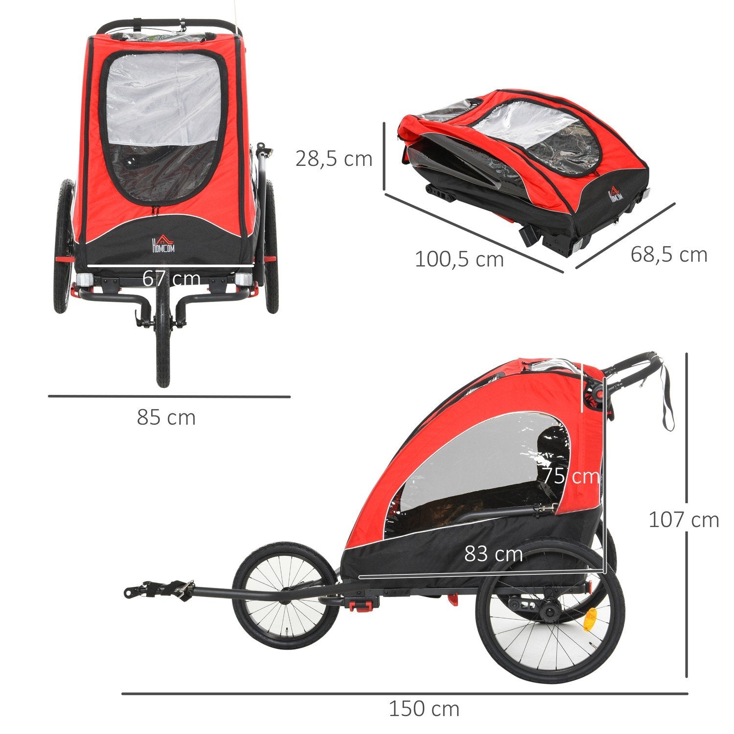 3 I 1 Klapvogn Til Børn Jogger Cykelklapvogn I Aluminium Til 2 Børn Med Flag Rød + Sort 150 X 85 X 107 Cm