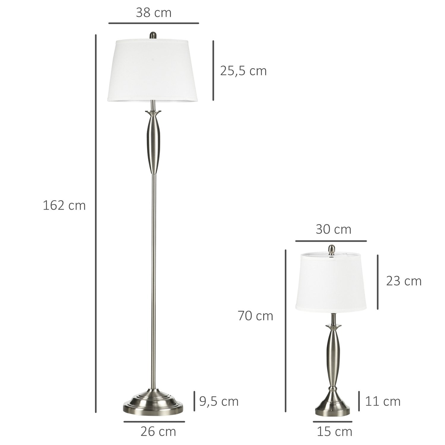 3 stk. Lampesæt Gulvlampe 2 Bordlamper E27 Stue Soveværelse Sølv + Hvid