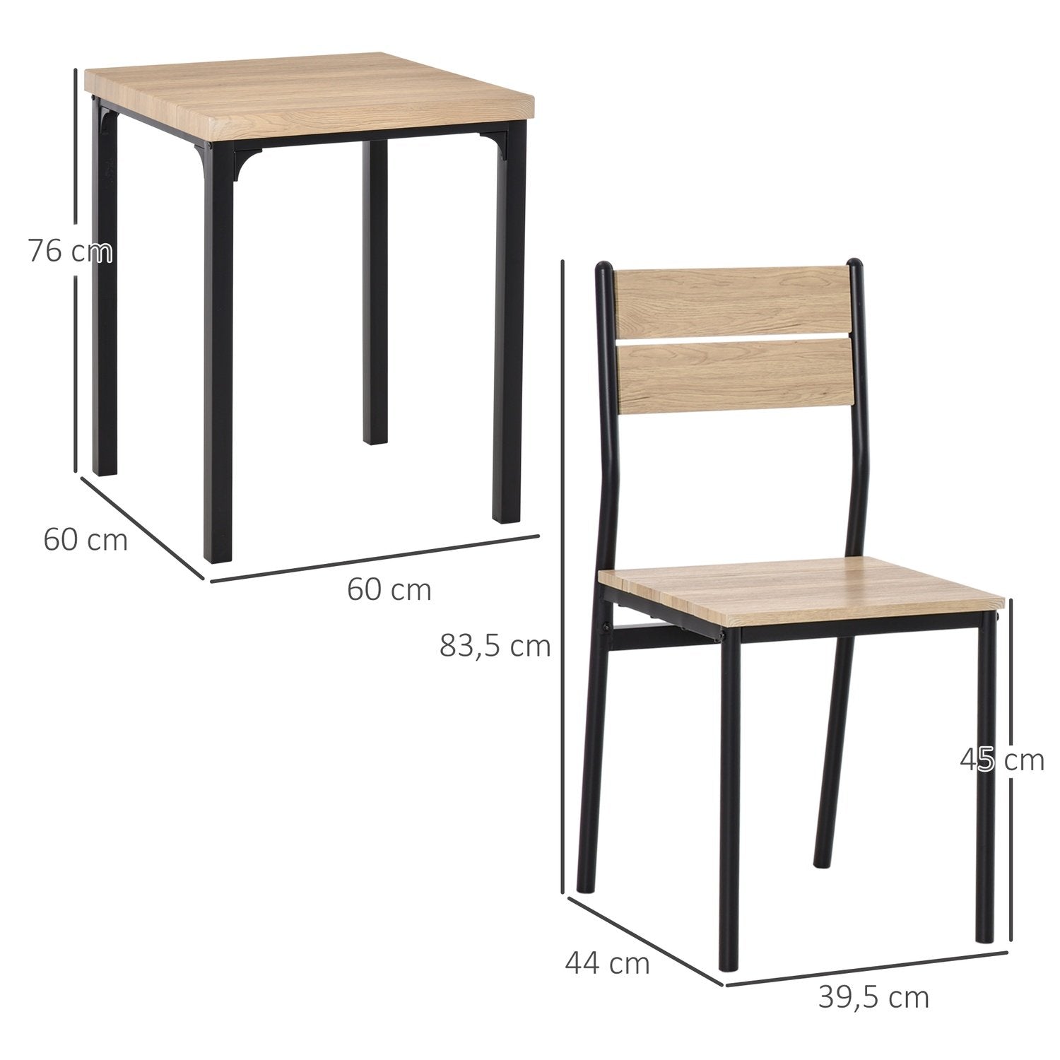 3-Delat Matsalsset Med Träbord Mdf + Metall, Naturligt Trä Ådring + Svart, 1 Bord + 2 Stolar