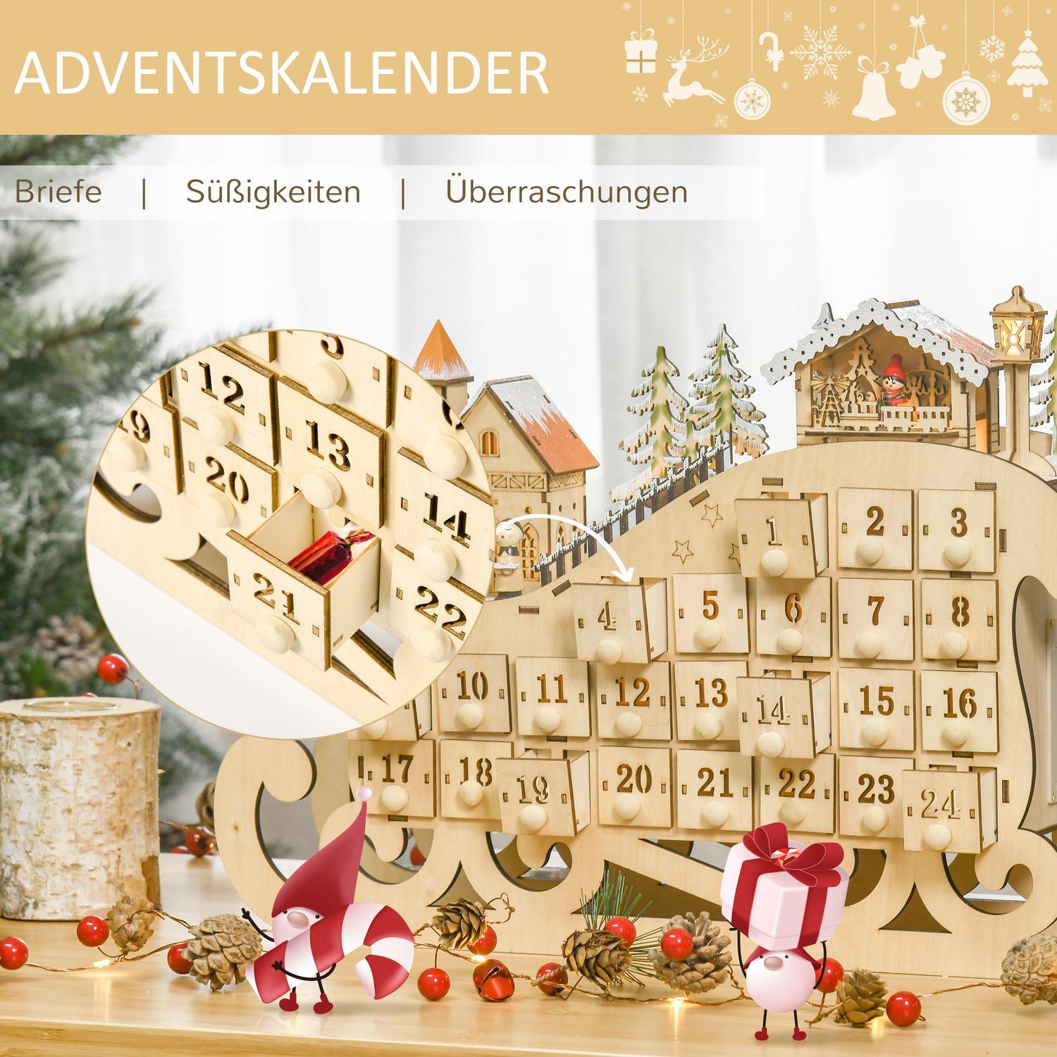 Adventskalender til at fylde 24 skuffer Julekalender Med LED Lys Kaneform Julepynt DIY 45 X 10 X 31 Cm