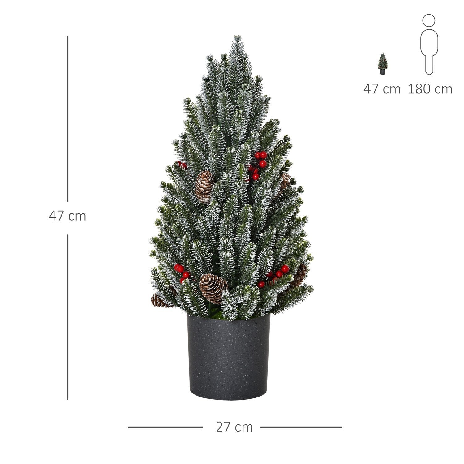 Kunstigt juletræsbord juletræ 170 grene snedækket design med plastikbund Bær kogler Pe Pvc Ø27 ​​​​X 47 Cm