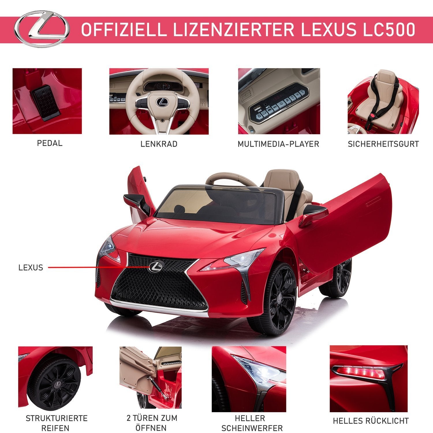 Børnebil officielt licenseret Lexus Lc500 elbil, 2,4G fjernbetjening, mp3/usb, lys og musik, 3-6 år