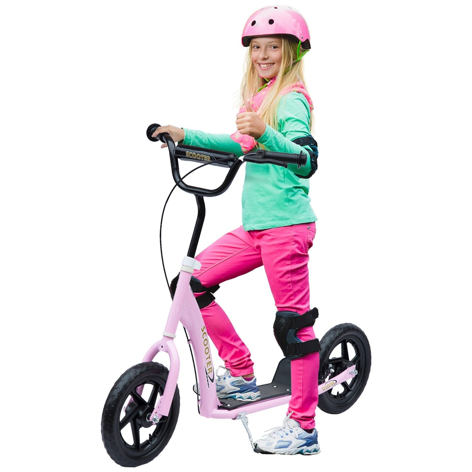 Børnescooter 12 tommer med bagbremse, højdejusterbar scooter i pink, stål og Eva, til børn