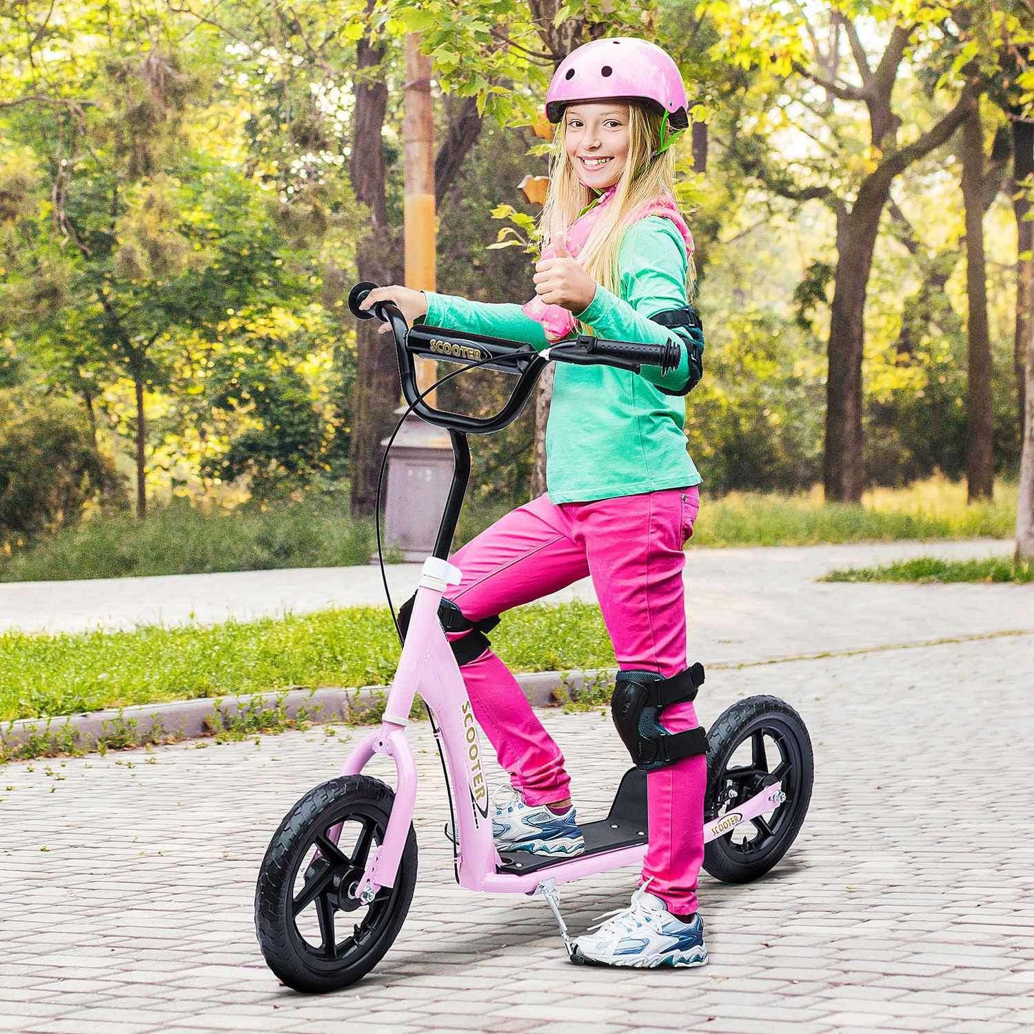 Børnescooter 12 tommer med bagbremse, højdejusterbar scooter i pink, stål og Eva, til børn