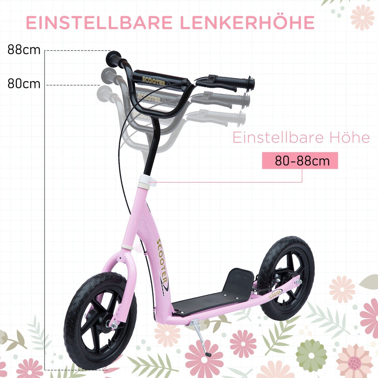 Børnescooter 12 tommer med bagbremse, højdejusterbar scooter i pink, stål og Eva, til børn