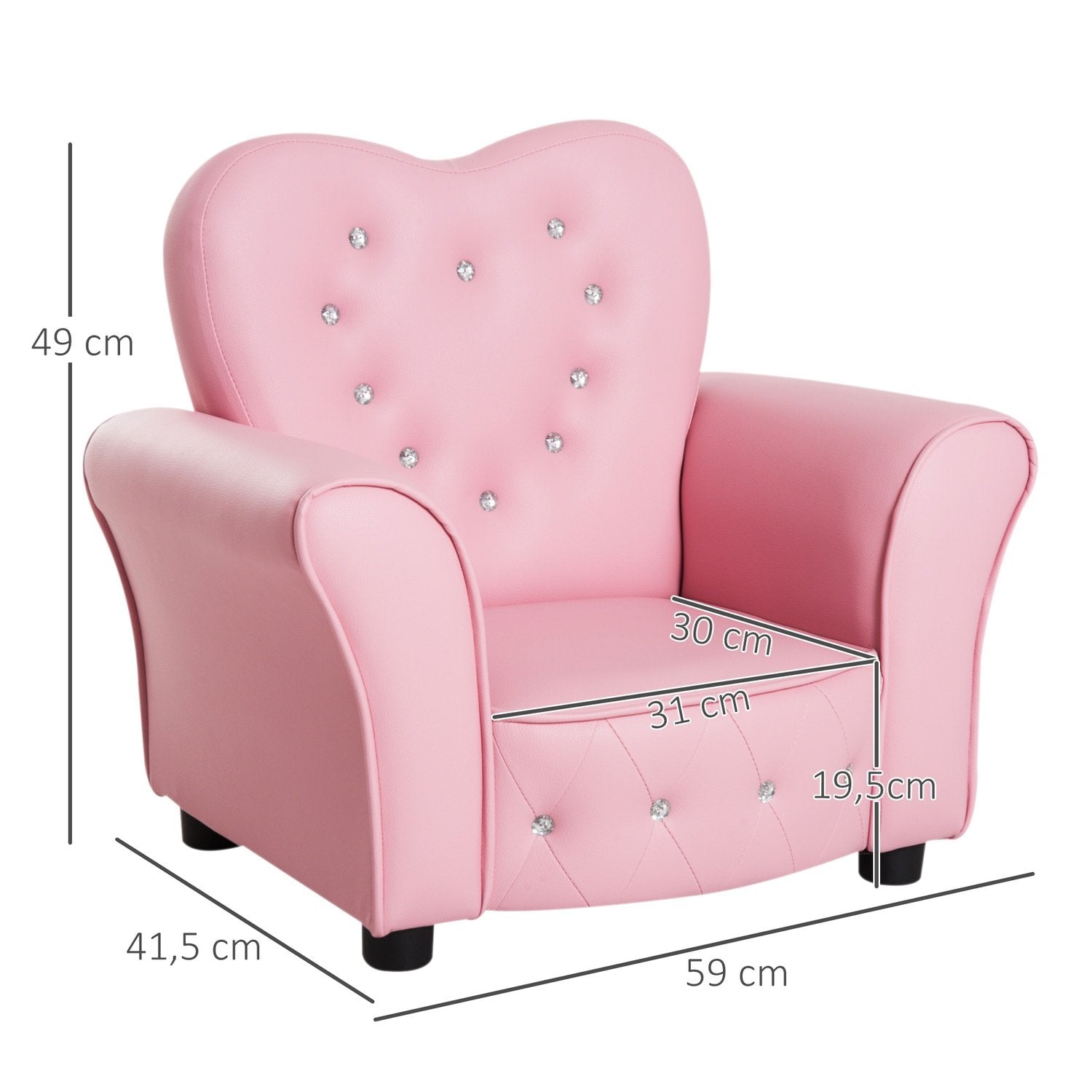 Børnesofa Prinsesse hjerteformet børnelænestol i pink, hyggelig børneværelsessofa, L59Xb41.5Xh49Cm