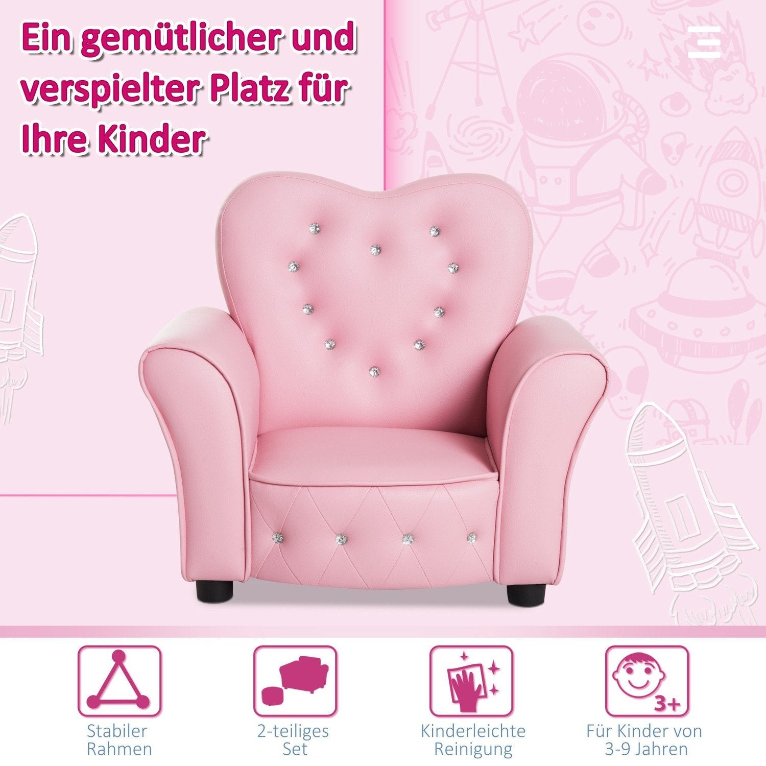 Børnesofa Prinsesse hjerteformet børnelænestol i pink, hyggelig børneværelsessofa, L59Xb41.5Xh49Cm