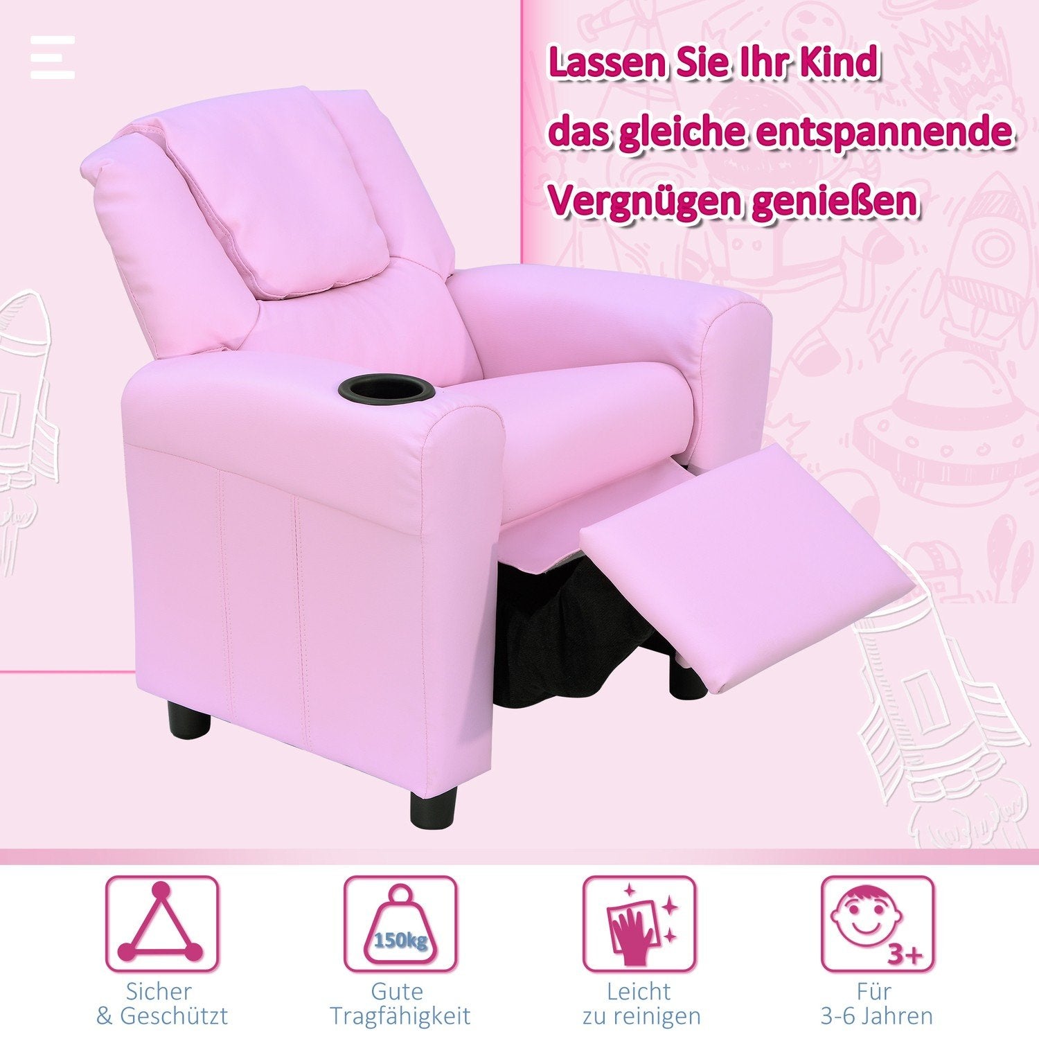 Barnsoffa Liggfunktion Barnfåtölj 3-6 År Rosa Mugghållare 62X56X69Cm