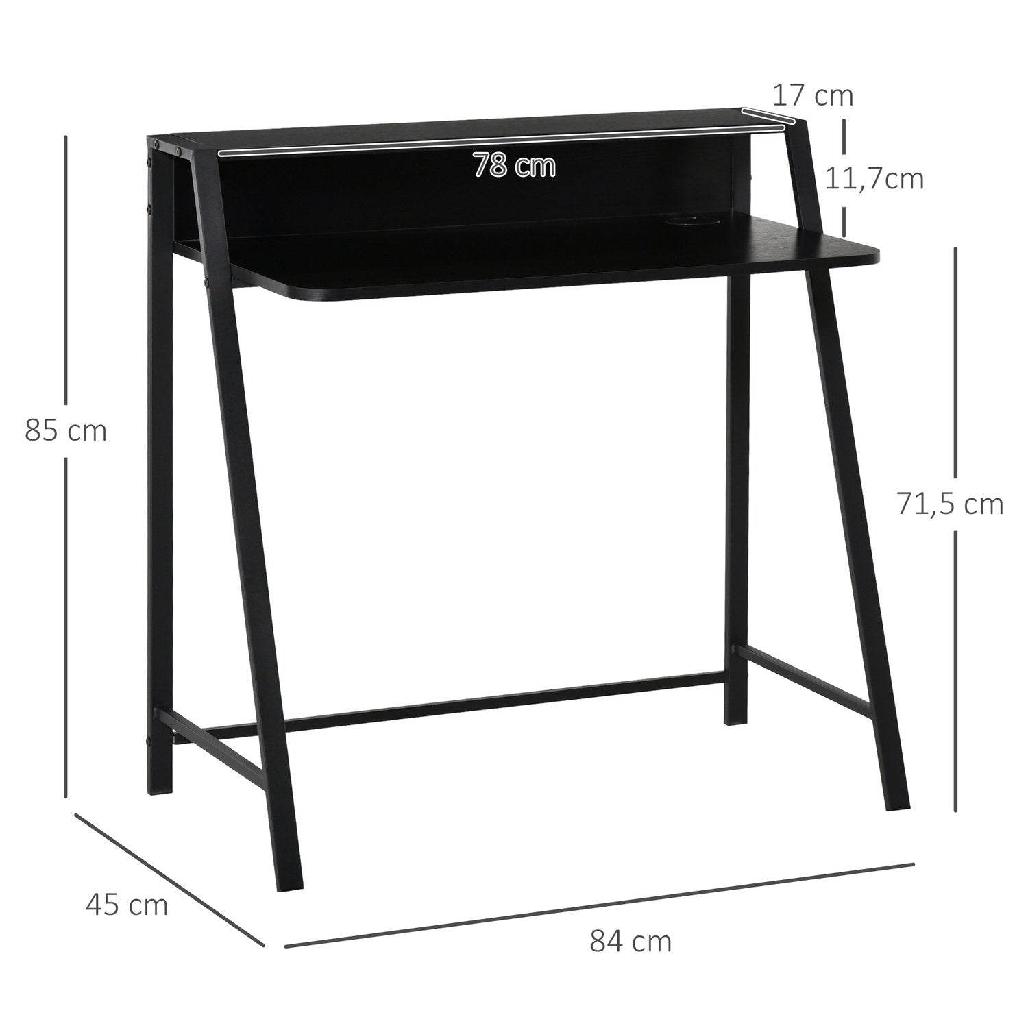 Computerskrivebord Stilfuldt skrivebord med hylde og kabelstyring, metal, sort, 84x45x85 cm