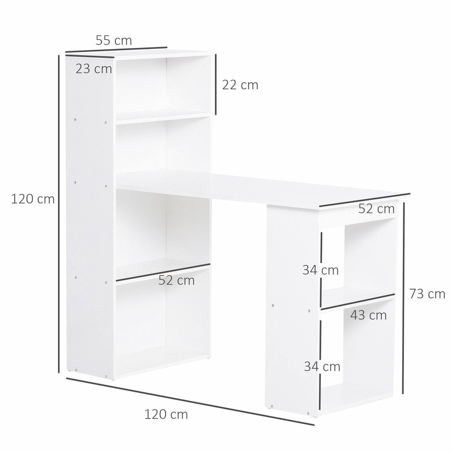 Skrivebords køkkenbord med hylde, computerbord, arbejdsbord, bærbar computer, kontorhylde, hvid, 120X55X120Cm